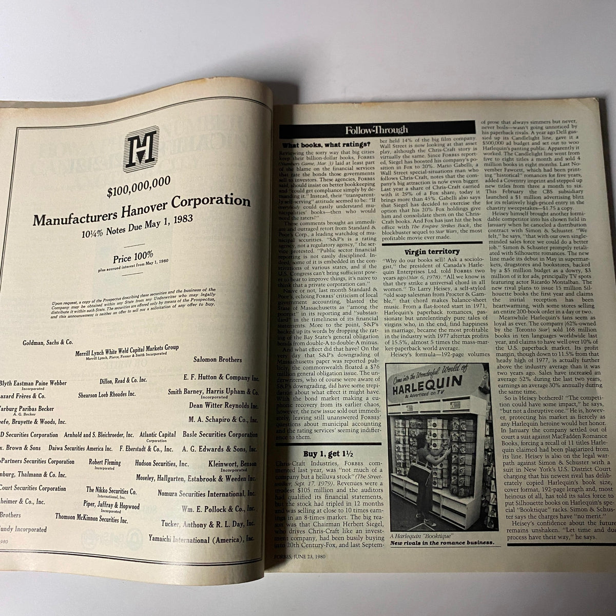 Inside page of Forbes Magazine June 23, 1980 discussing financial topics and featuring an advertisement, emphasizing the economic atmosphere of the era.