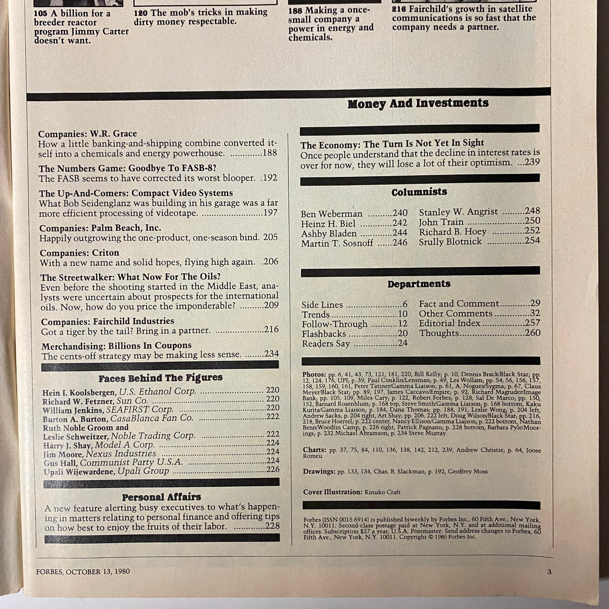 Table of contents from Forbes Magazine October 13, 1980, highlighting articles and features related to the economic landscape, including 'The German Chemical Giants'.