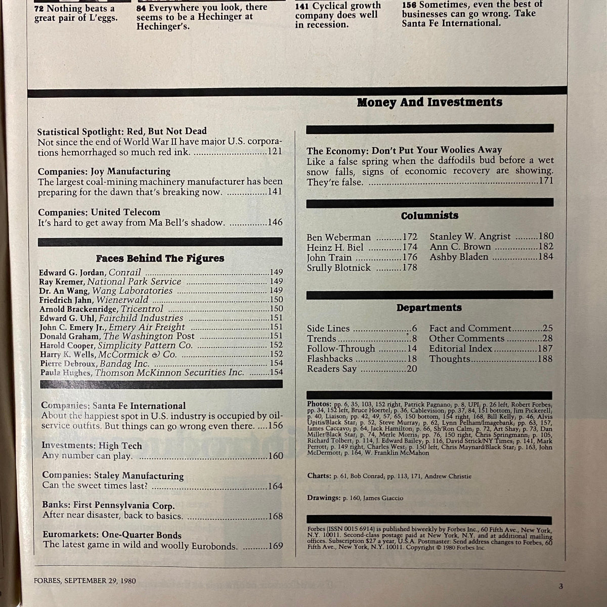Second page details from Forbes Magazine dated September 29, 1980, including features on economic trends, organizations, and investments discussed in the issue.