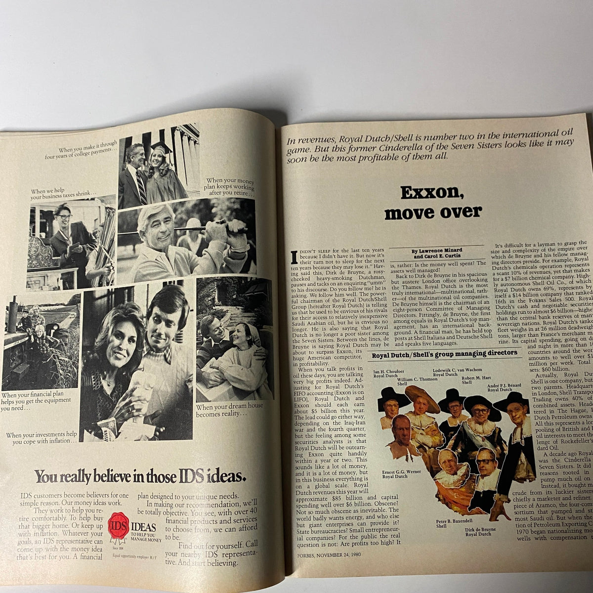 Two-page spread from the November 24, 1980 issue of Forbes Magazine detailing an article on Royal Dutch/Shell, discussing its competitive edge in the oil industry and strategic insights.