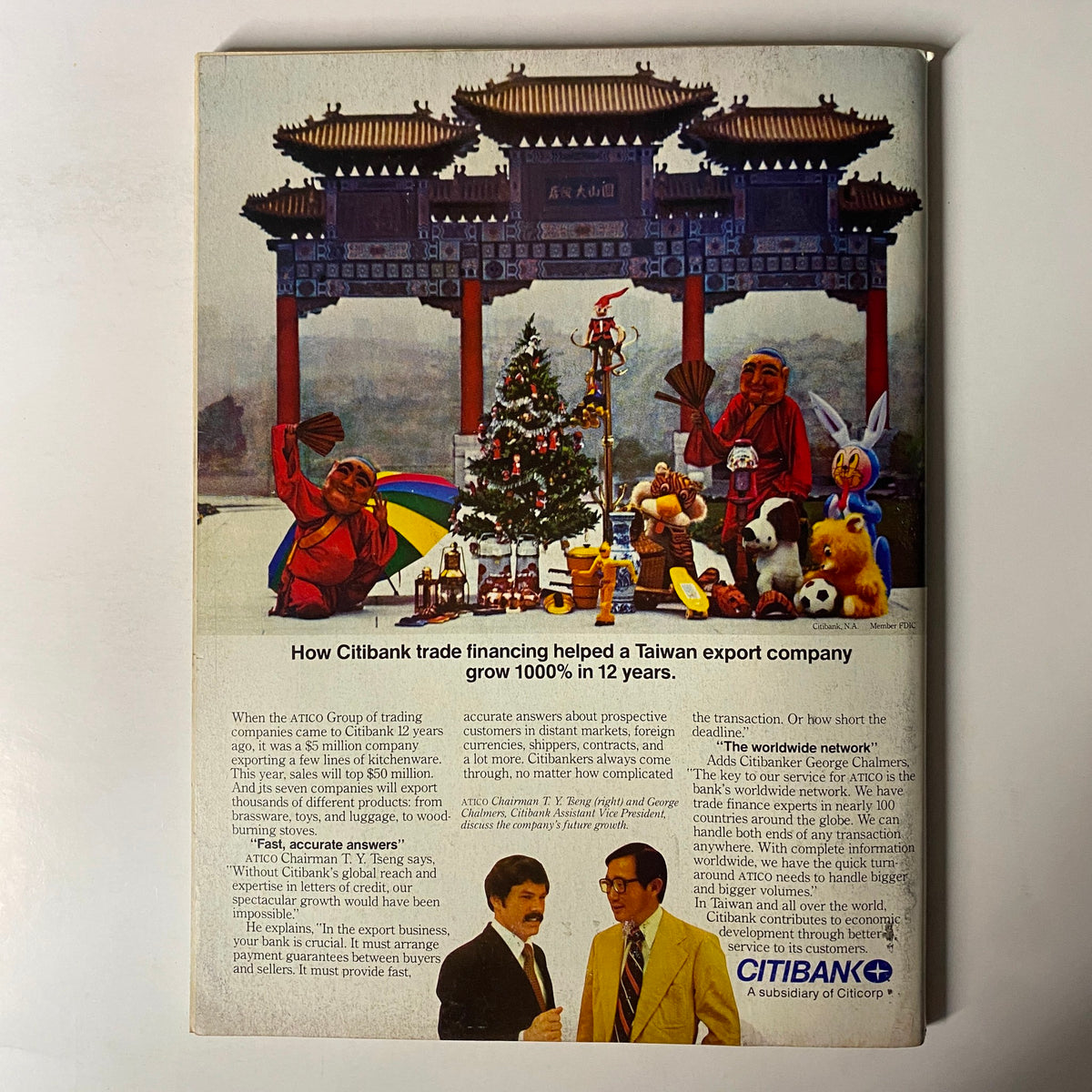 The back cover of Forbes Magazine November 10, 1980 showcasing an advertisement about Citibank's trade financing services, featuring a festive scene with traditional decorations and characters, illustrating corporate growth opportunities.