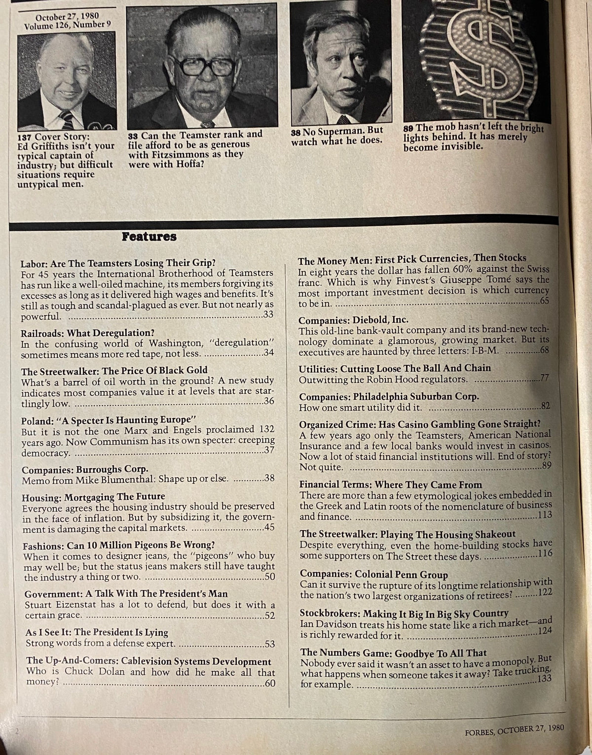 Page from Forbes Magazine October 27, 1980, displaying features and headlines including RCA Chairman Edgar Griffiths's cover story and various articles regarding labor, economic trends, and corporate analysis.