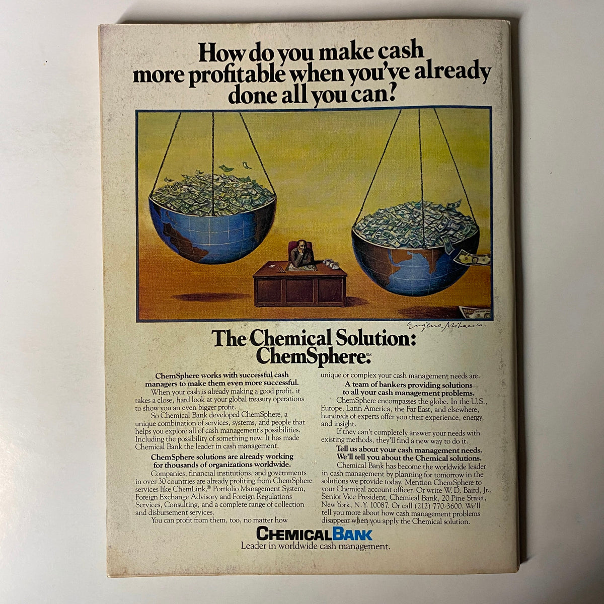 Forbes Magazine October 27, 1980, back cover advertisement for Chemical Bank, illustrating a visual metaphor about cash management featuring two scales balancing money.