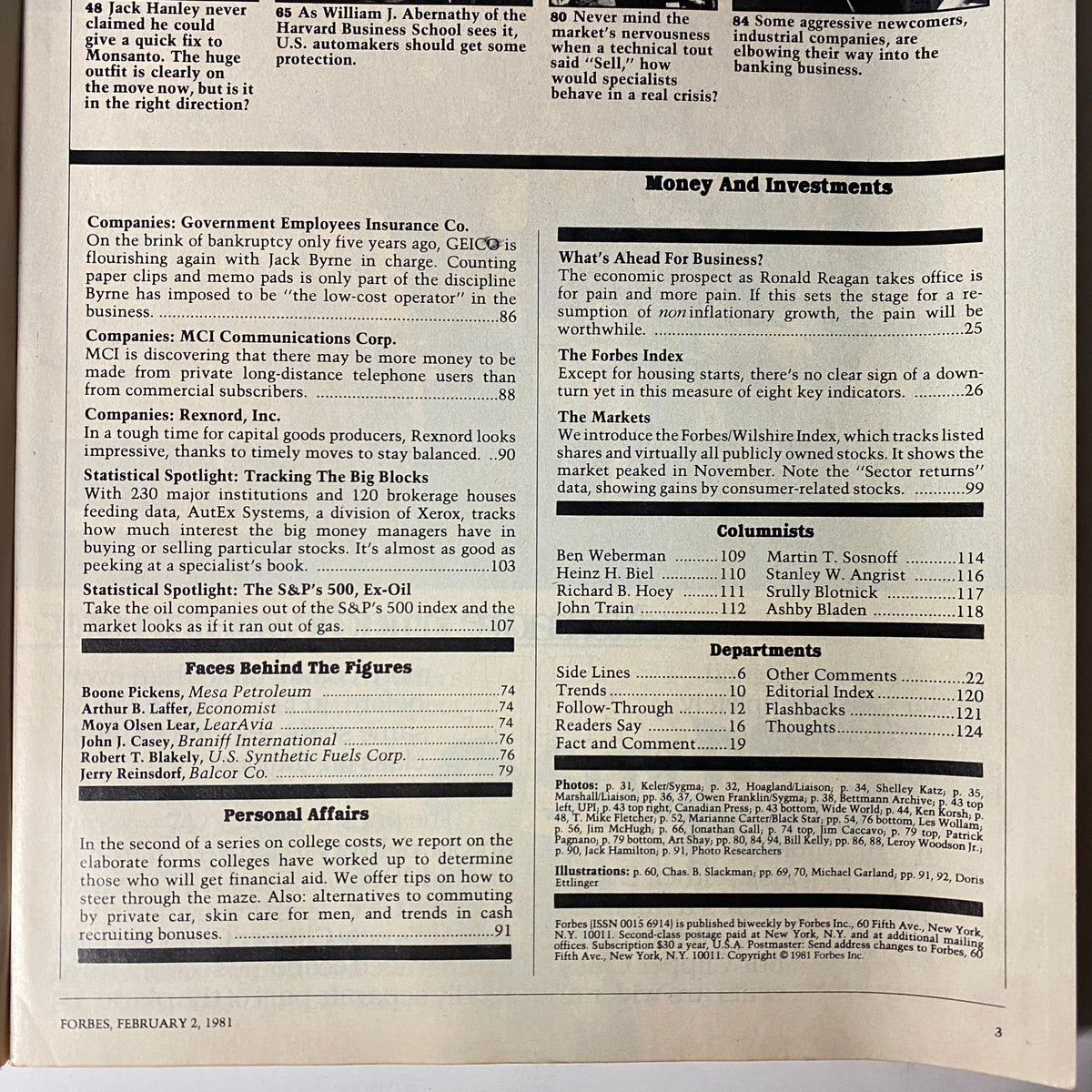 Another inside page of Forbes Magazine February 2, 1981, detailing various articles, company highlights, and financial insights relevant to the magazine's publication.