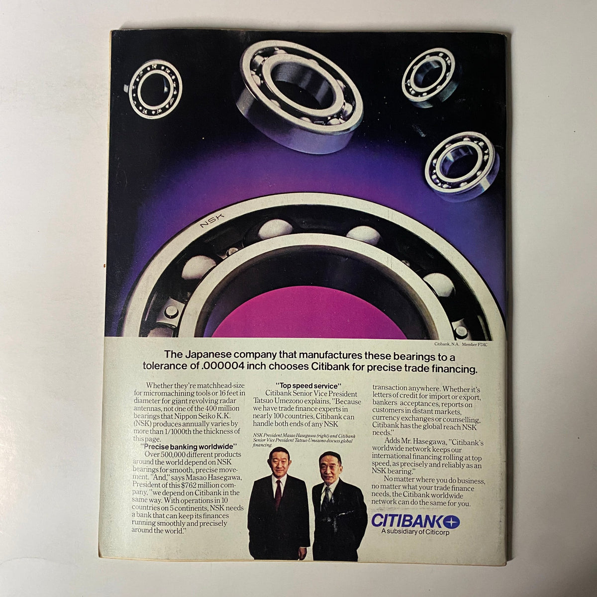 Back cover of Forbes Magazine February 2, 1981 showcasing a colorful advertisement for Citibank, highlighting precision trade financing with a focus on NSK bearings.