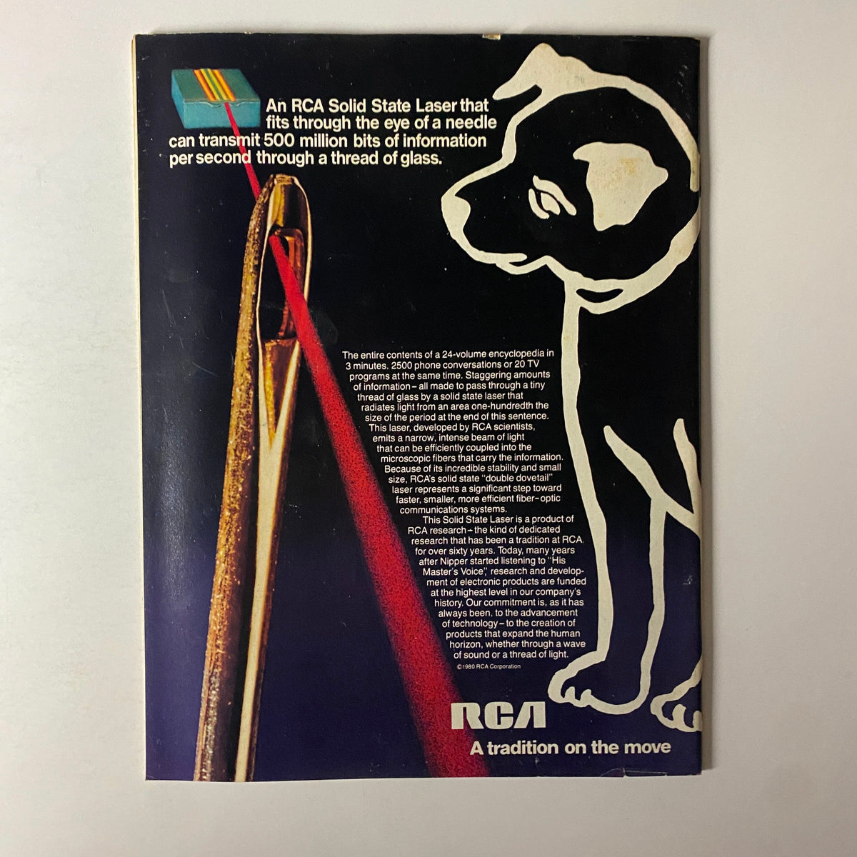 Cover of Forbes Magazine January 19, 1981 featuring an advertisement for an RCA Solid State Laser, showcasing its ability to transmit 500 million bits of information per second through a thread of glass.