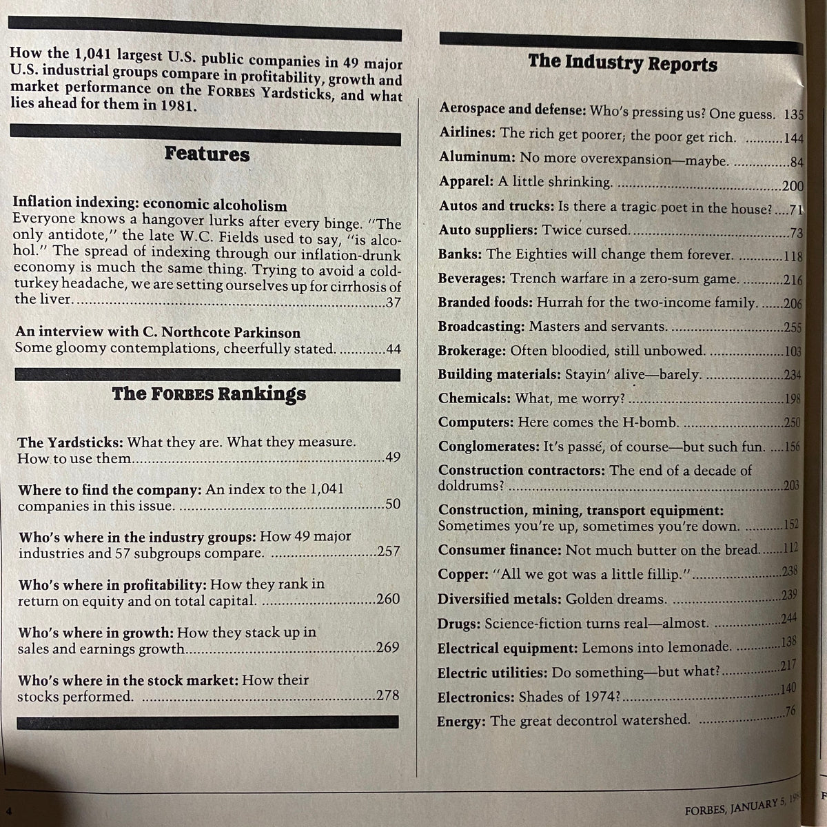 Table of contents from Forbes Magazine January 5, 1981, showcasing features and reports on U.S. industry performance.