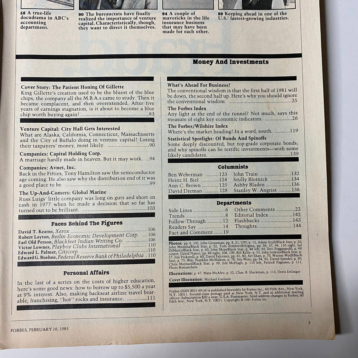 Another interior page of Forbes Magazine, February 16, 1981, highlighting articles related to corporate insights and economic analysis.