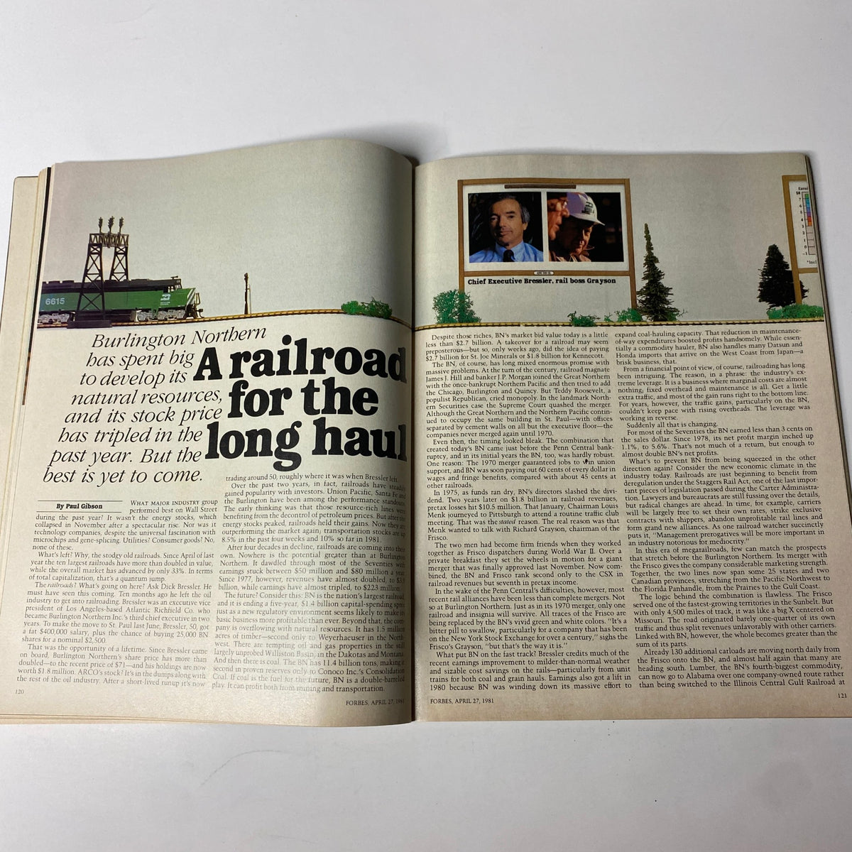 Inside pages of Forbes Magazine, April 27, 1981, featuring an article on Burlington Northern titled 'A railroad for the long haul', illustrating the railroad industry's developments and stock performance.