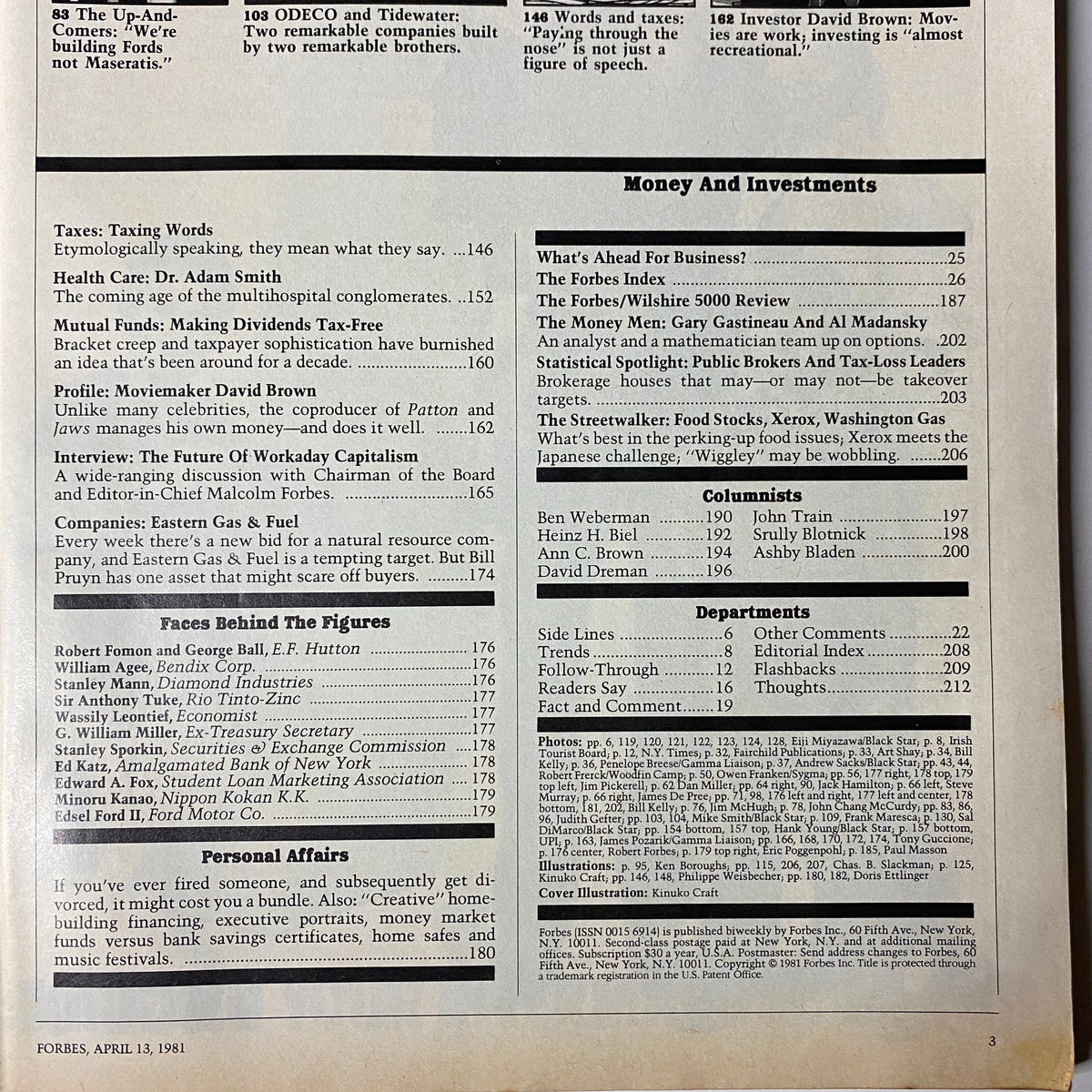 Another page from Forbes Magazine, April 13, 1981, highlighting articles on investment and economic discussions, reflecting the business climate of the early 80s and the automotive sector.