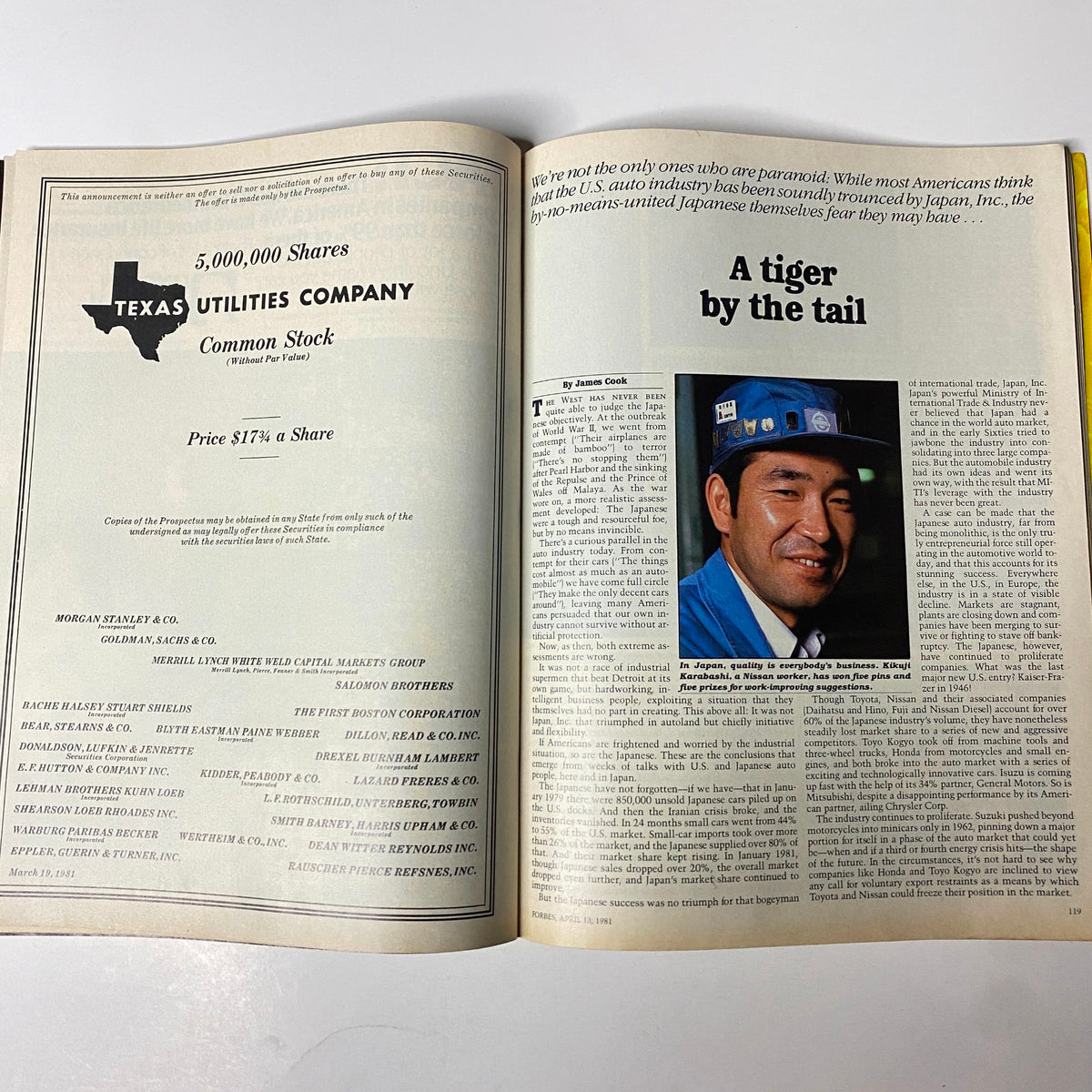 Inside page of Forbes Magazine April 13, 1981 featuring an article titled 'A tiger by the tail', discussing Japanese automakers and the global auto industry.