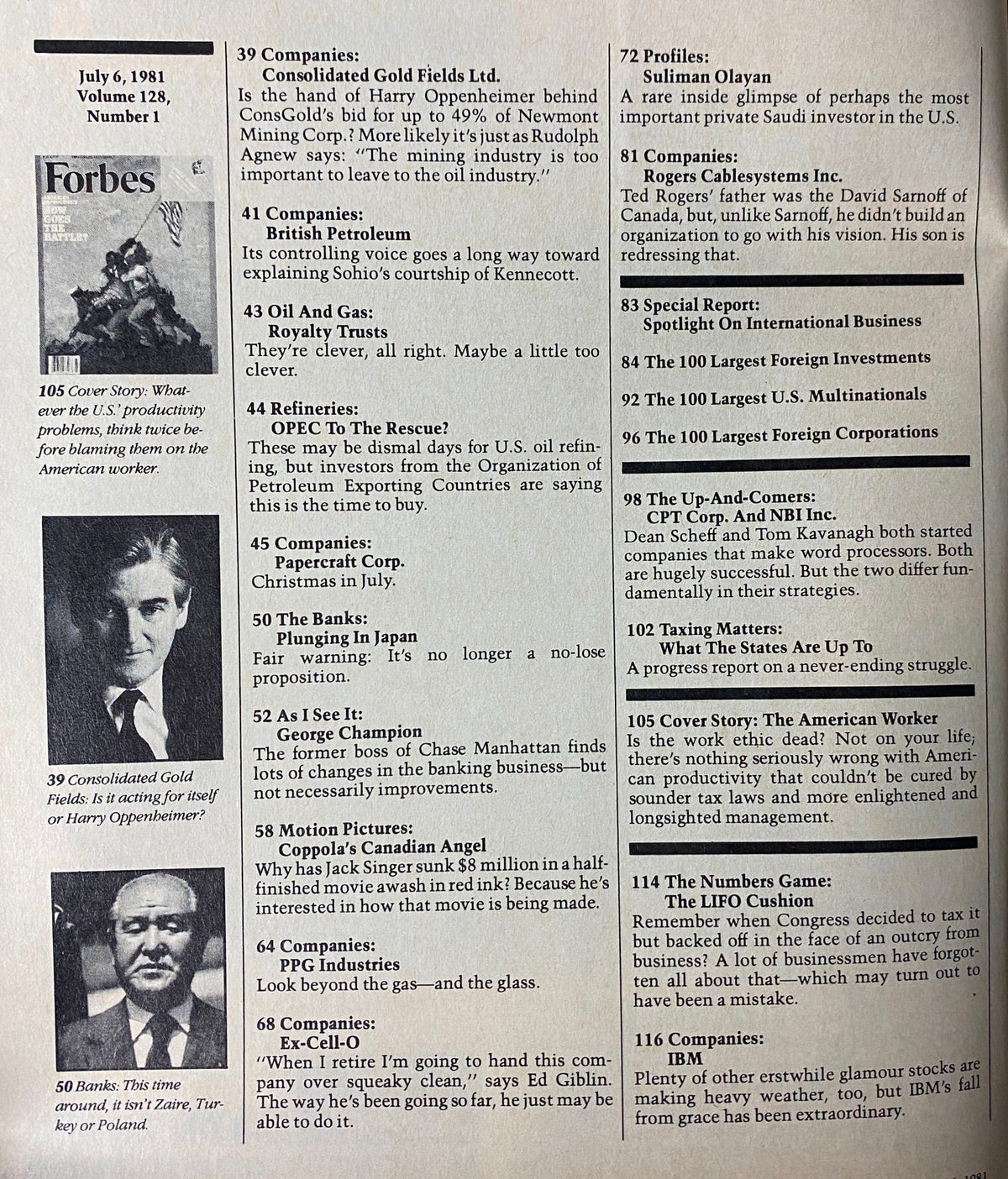 Table of contents from Forbes Magazine, July 6, 1981, listing features such as 'Consolidated Gold Fields Ltd.' and articles on American productivity. Highlights include the struggles and influencing factors on U.S. industries.