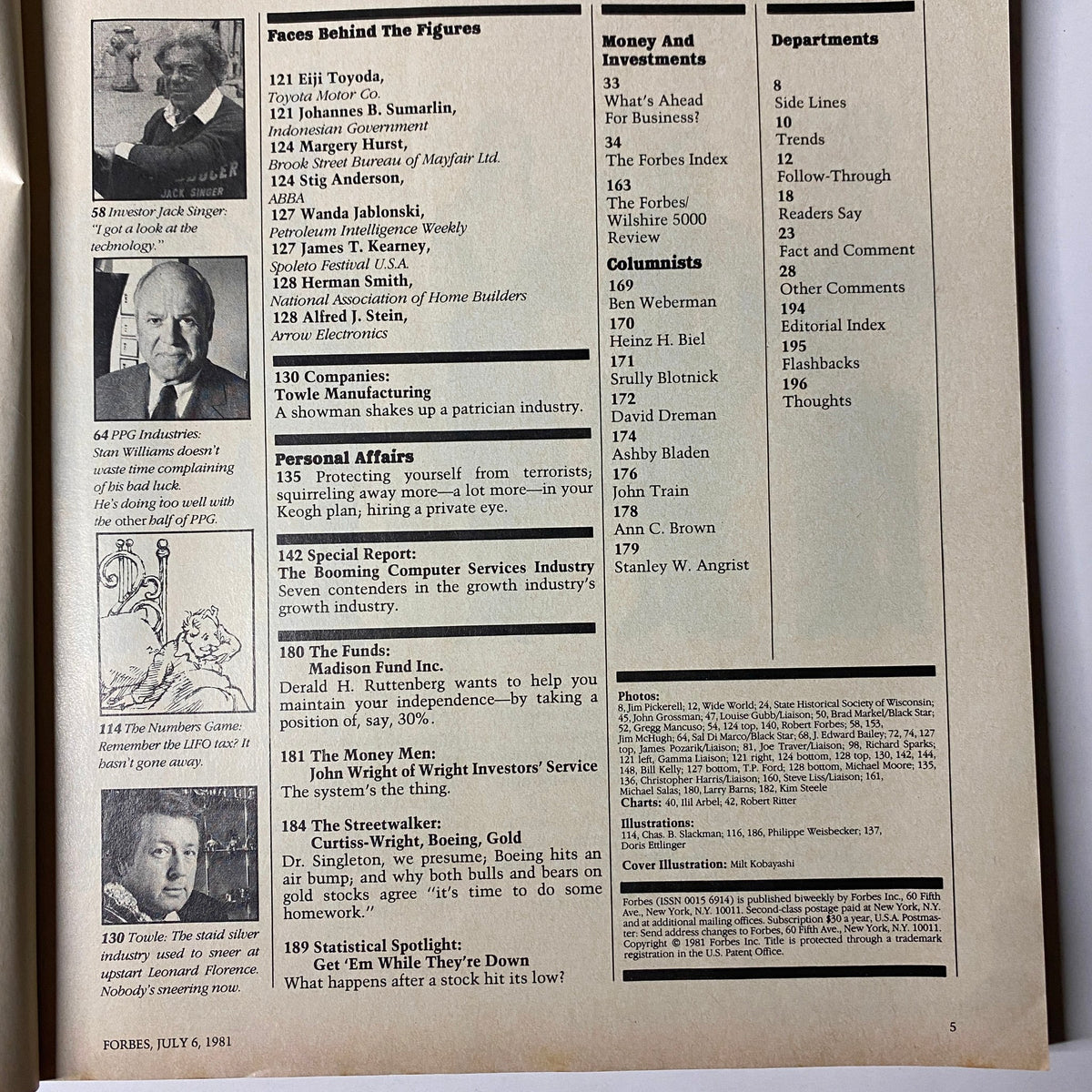 Inner pages of Forbes Magazine, July 6, 1981, showcasing articles on economic topics including OPEC and productivity challenges. Contains insights on various companies and economic analysis from the early 1980s.