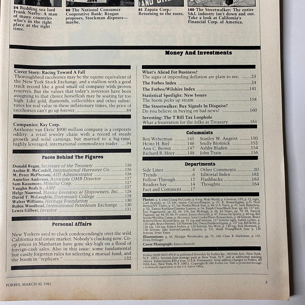 Another page from Forbes Magazine, March 30, 1981, containing features on companies, economics, and personal affairs, underscoring the magazine's insights during this significant time in financial history.