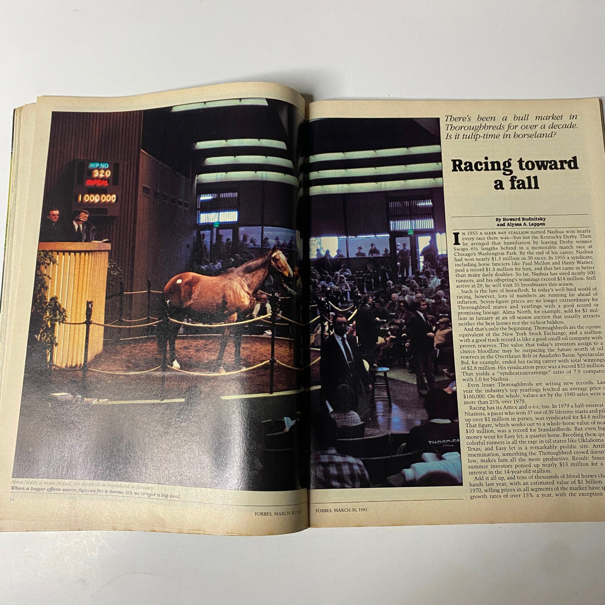 Forbes Magazine March 30, 1981, featuring a thoroughbred horse at auction during a pivotal moment in the racehorse investment market.