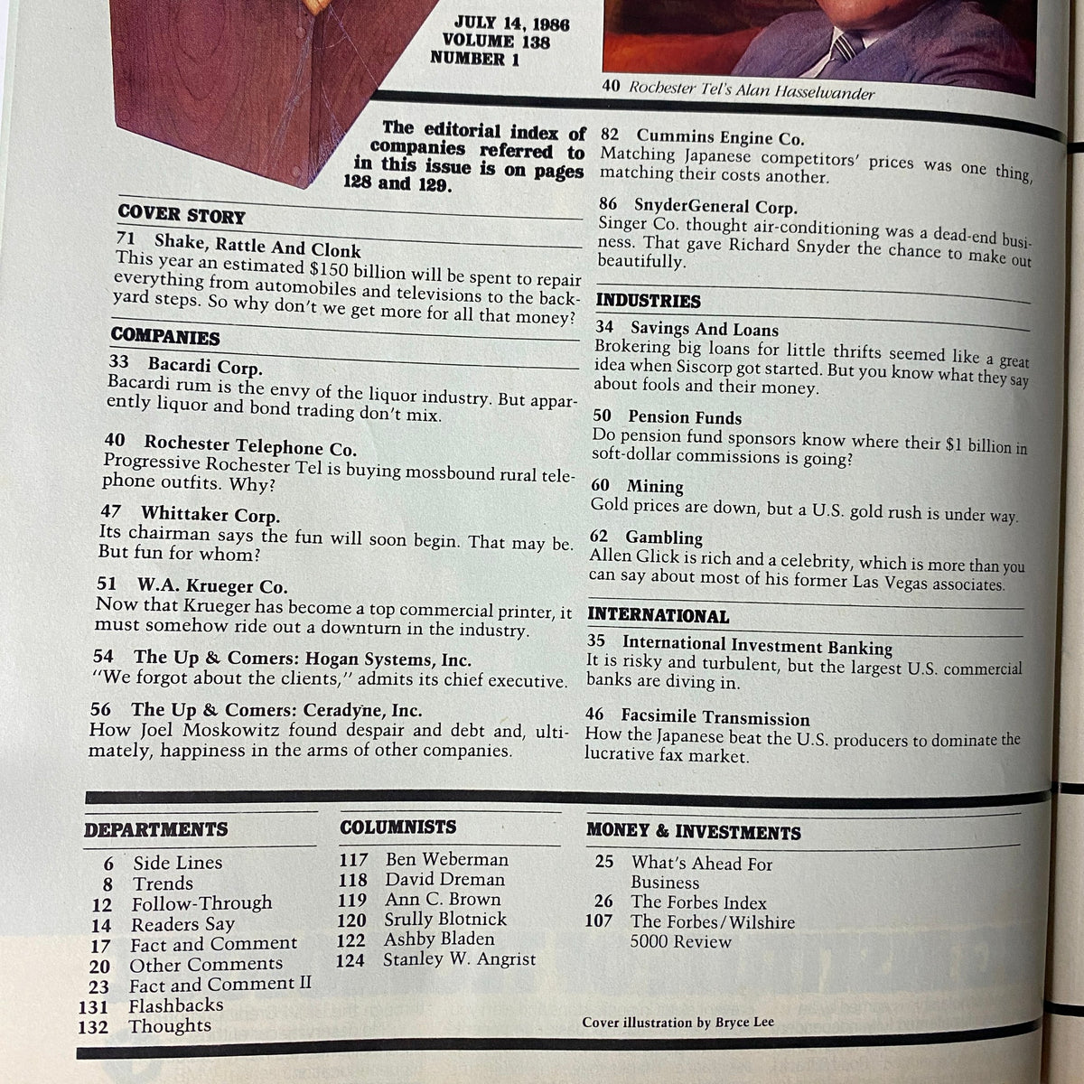Contents page of Forbes Magazine dated July 14, 1986, listing articles including 'Shake, Rattle and Clonk' and topics surrounding Bacardi Corp. and Rochester Telephone Co., showcasing insights into the economic landscape of the 1980s.