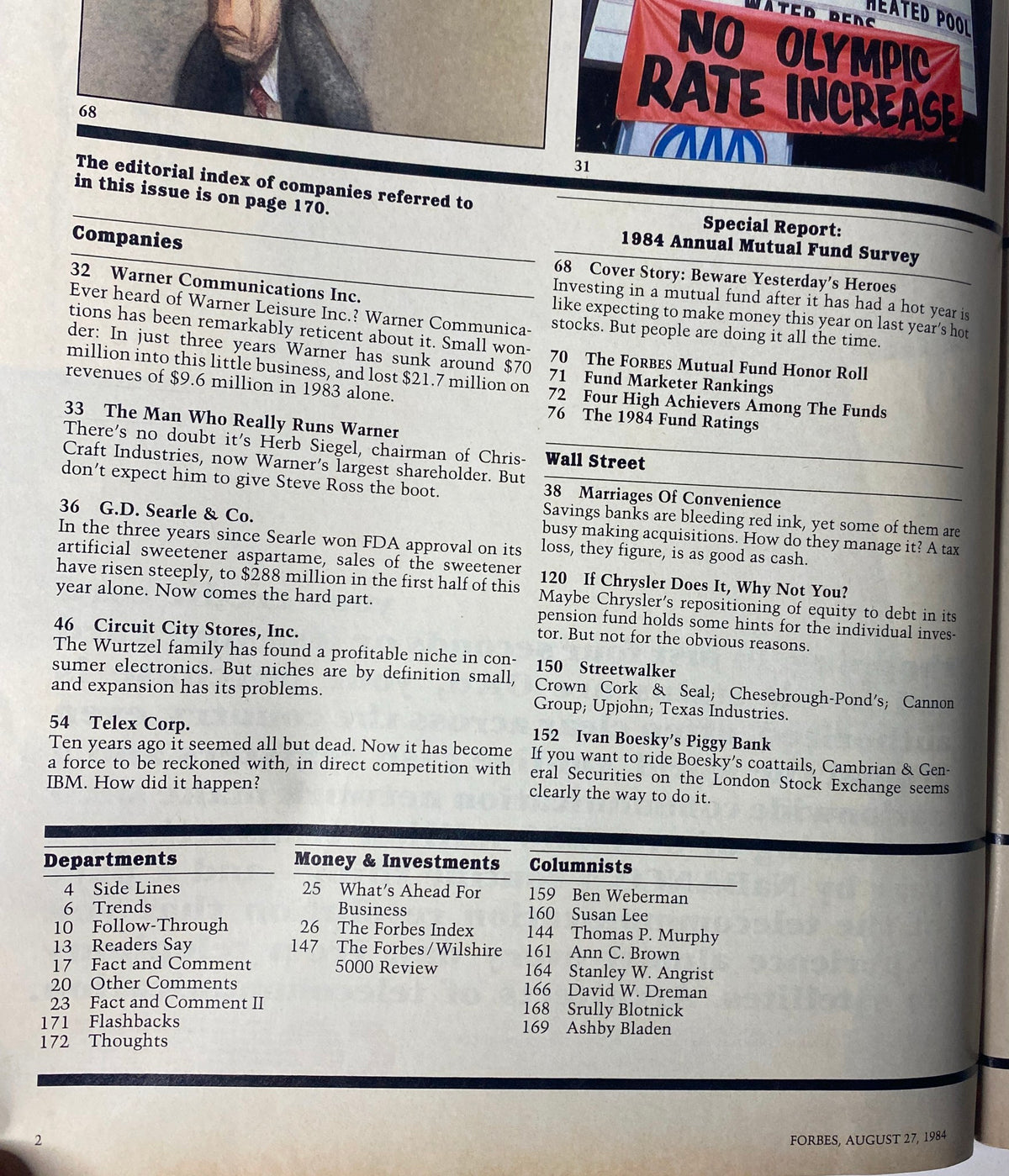 Editorial index page from Forbes Magazine August 27, 1984 showcasing company names and features of the 1984 Annual Mutual Fund Survey.