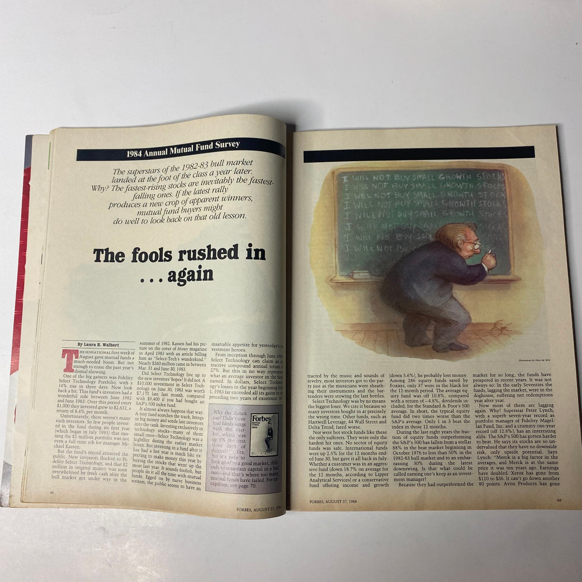 Illustrated article from Forbes Magazine August 27, 1984 discussing the annual mutual fund survey, emphasizing investment lessons with the headline 'The fools rushed in ... again'.