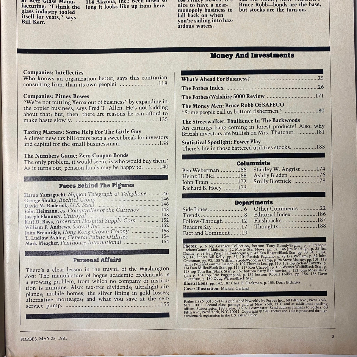 Forbes Magazine September 14, 1981, featuring an internal page with an index of sections including Money and Investments, Companies, Personal Affairs, and more, showcasing key articles and features.