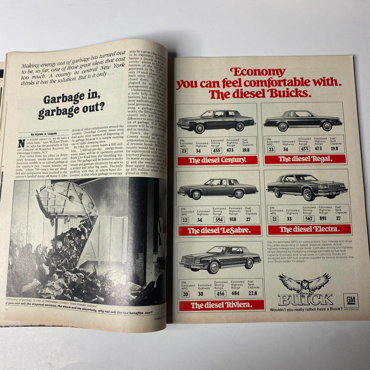 Forbes Magazine September 14, 1981, displaying an advertisement for diesel Buicks alongside an article titled 'Garbage in, garbage out?', highlighting business insights and processing of waste.