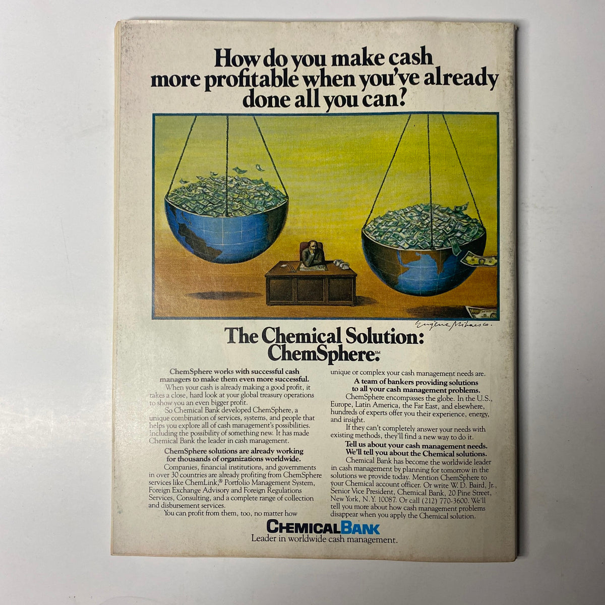 Forbes Magazine September 14, 1981, illustrating a full-page advertisement for Chemical Bank detailing cash management solutions and services, emphasizing the bank’s expertise in the field.
