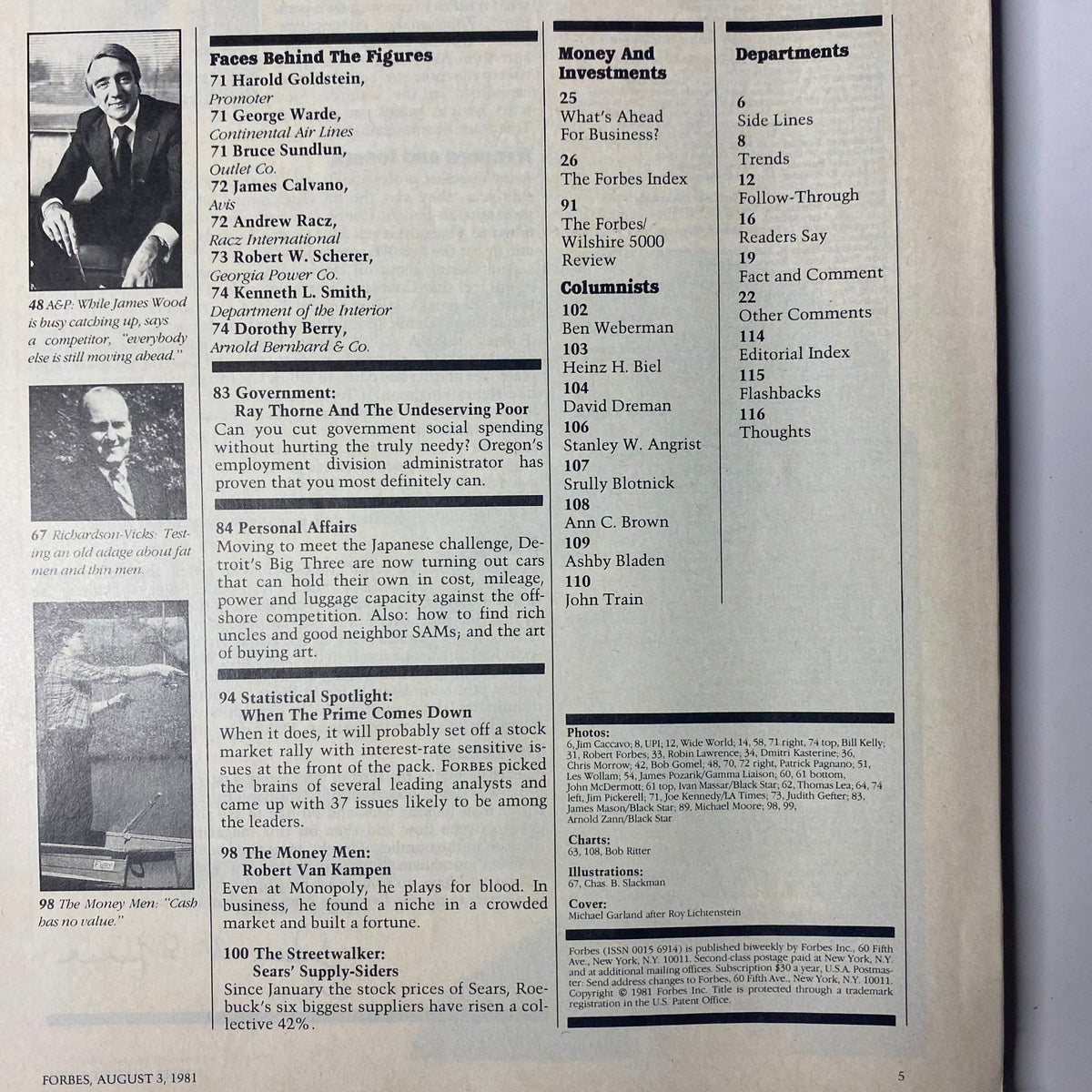 Inside content page of Forbes Magazine August 3, 1981, featuring articles on Money and Investments, Columnists, and Departments.