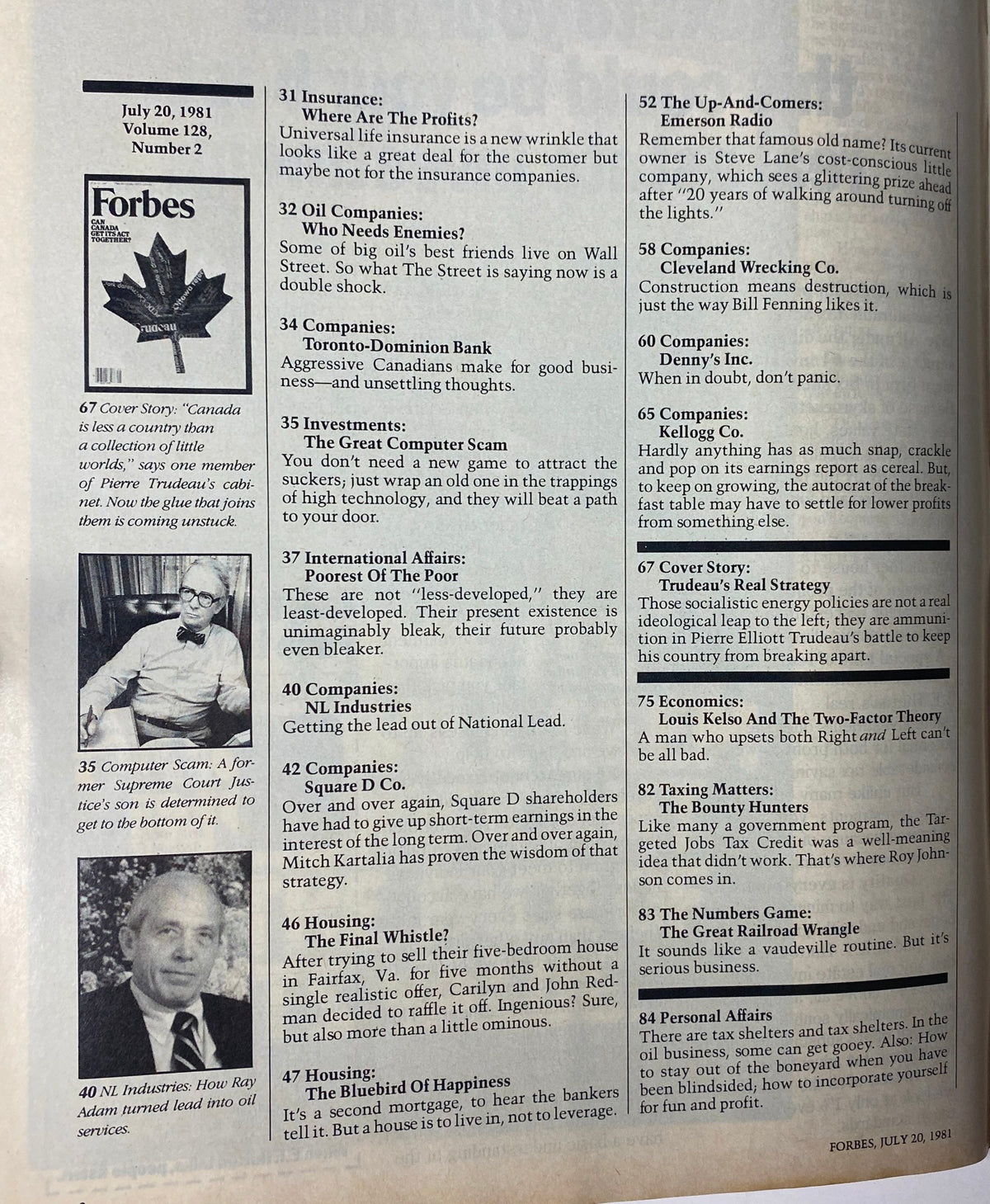 Interior page from Forbes Magazine, July 20, 1981, displaying the table of contents and highlights related to the cover story 'Can Canada Get Its Act Together?' highlighting economic matters.