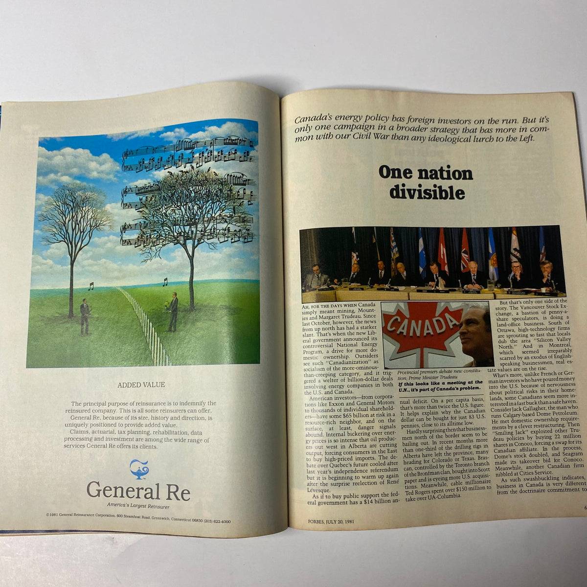 Interior page from Forbes Magazine, July 20, 1981, showing articles discussing Canada's energy policy and social dynamics, linked to the cover story 'Can Canada Get Its Act Together?'.