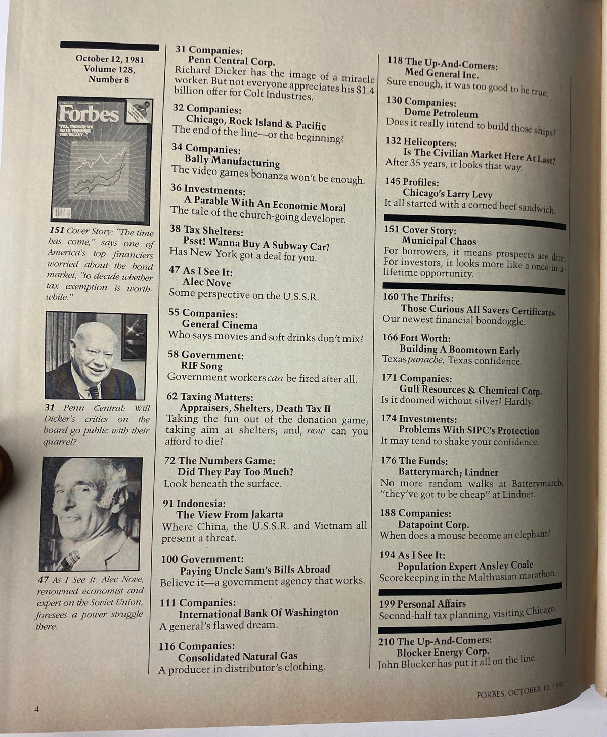 Table of contents from Forbes Magazine, October 12, 1981, highlighting key articles and features including 'Municipal Chaos' and profiles of major companies.