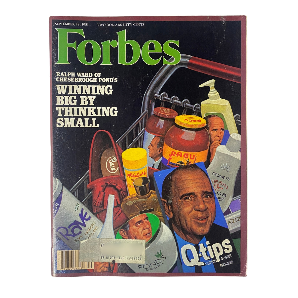 Forbes Magazine cover from September 28, 1981, featuring Ralph Ward of Chesebrough-Pond's with the headline 'Winning Big by Thinking Small.' The cover highlights various consumer products, capturing key themes of corporate America during a pivotal economic era.