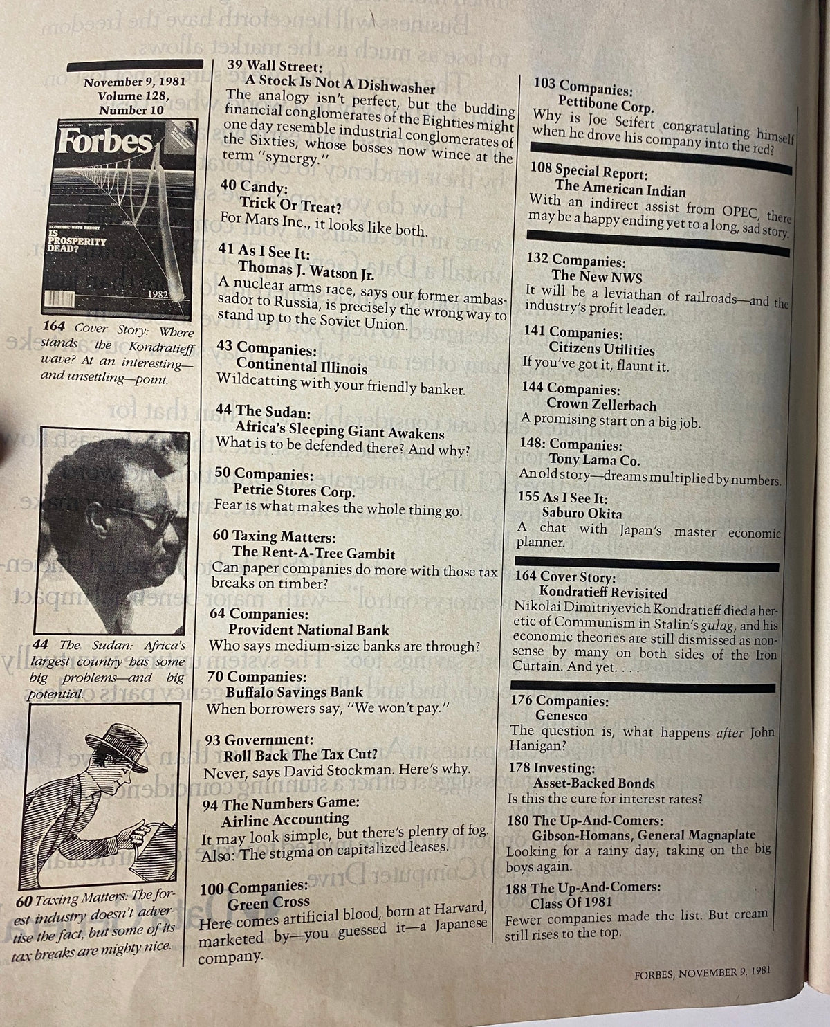 Contents page of Forbes Magazine, November 9, 1981, featuring articles on Wall Street, the economy, and the cover story, 'Is Prosperity Dead?'