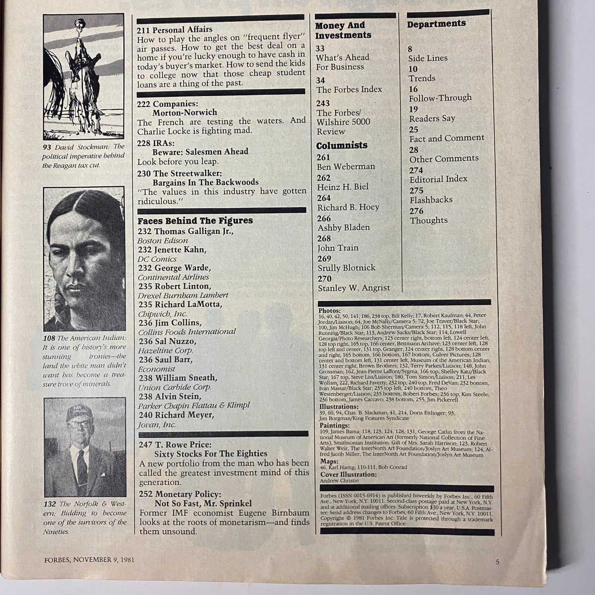 Inside page of Forbes Magazine, November 9, 1981, showcasing articles about personal affairs, economy management, and significant figures in the financial sector.