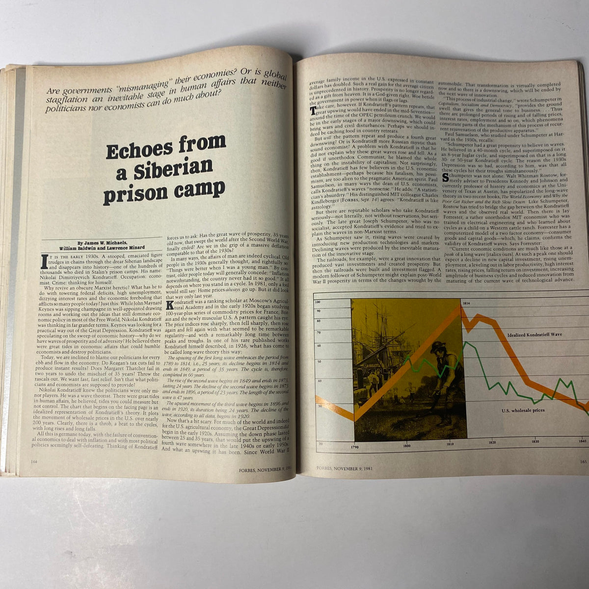 An article titled 'Echoes from a Siberian prison camp' from Forbes Magazine, November 9, 1981, discussing economic theories and government management.