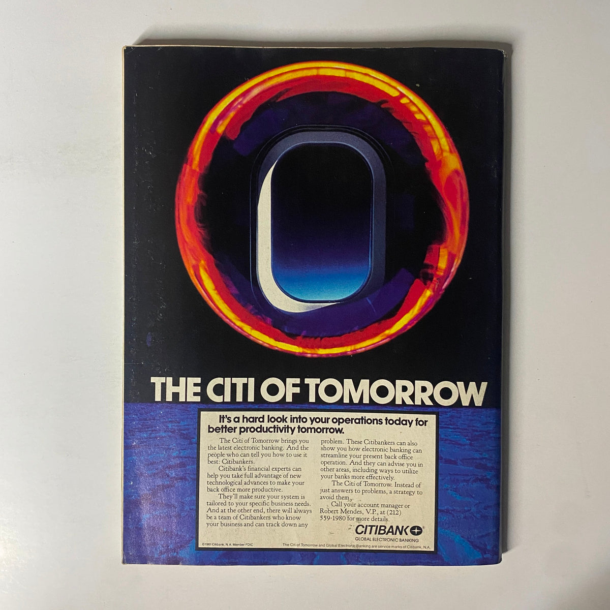 Back cover of Forbes Magazine dated November 9, 1981, featuring an advertisement for Citibank titled 'The Citi of Tomorrow', promoting advancements in electronic banking.