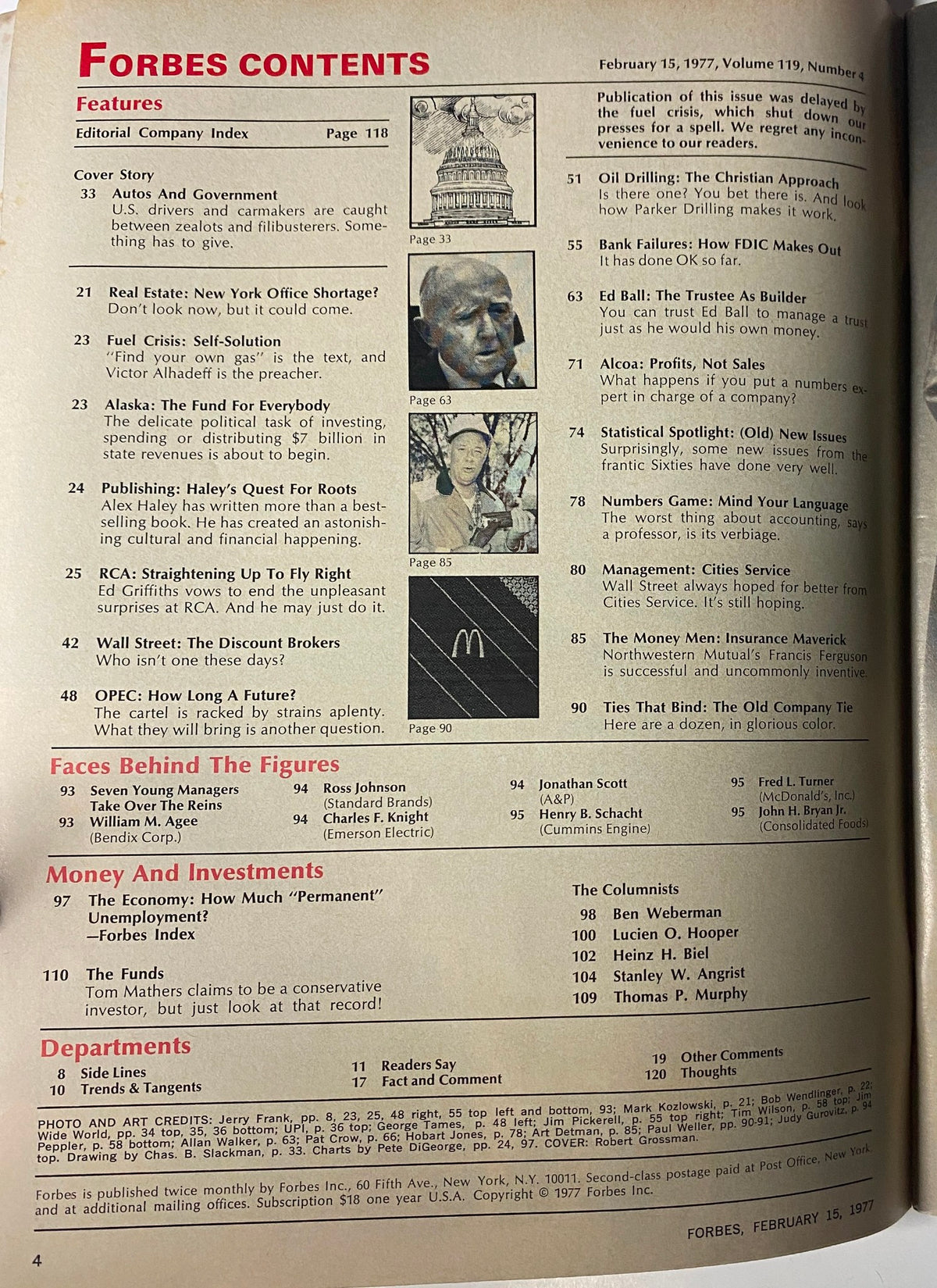 Table of contents page from Forbes Magazine, February 15, 1977, listing key features including 'Autos and Government', reflecting on the U.S. automotive industry challenges.