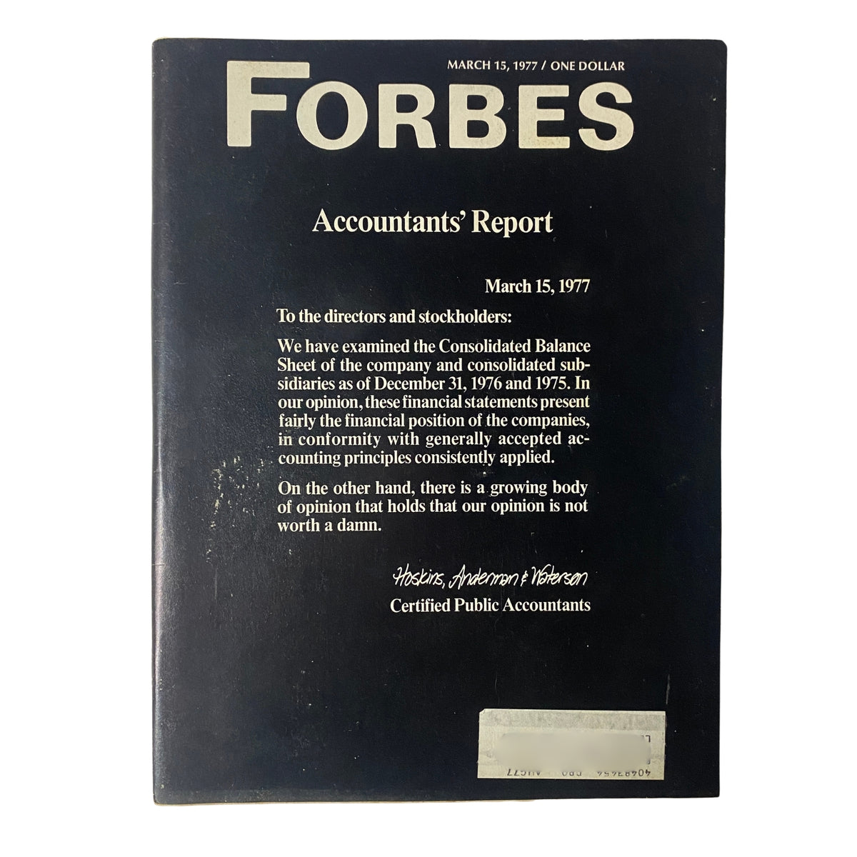 Forbes Magazine March 15, 1977 - Cover featuring the title 'Accountants' Report' with details about the financial examination of a company's balance sheets.