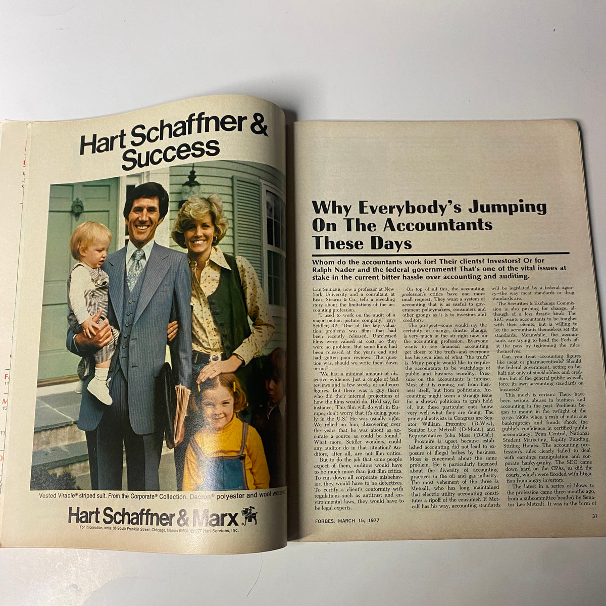 Forbes Magazine March 15, 1977 - Page featuring an article titled 'Why Everybody’s Jumping On The Accountants These Days' alongside images of families and accountants.