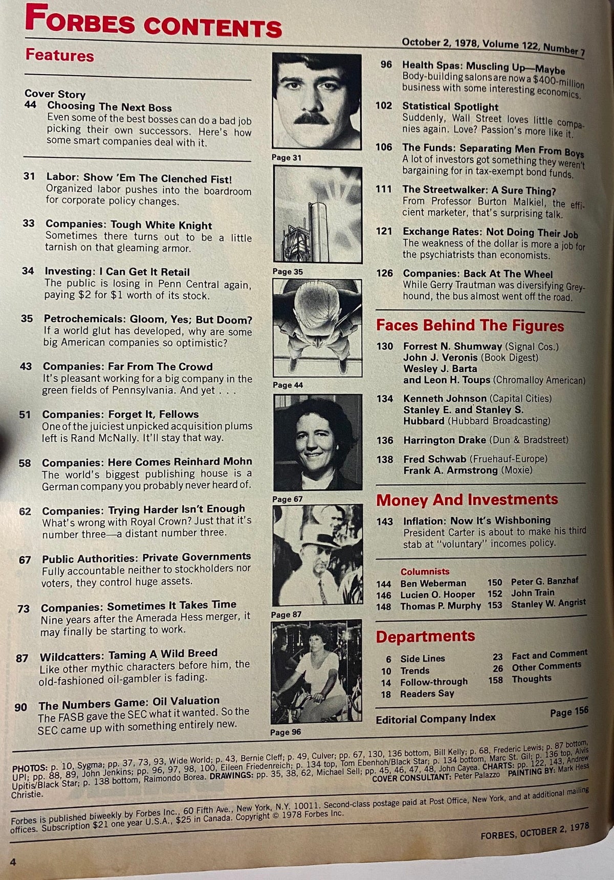 Forbes Magazine October 2, 1978: Contents page featuring the cover story 'Choosing The Next Boss' and articles on corporate leadership, investment, and labor.