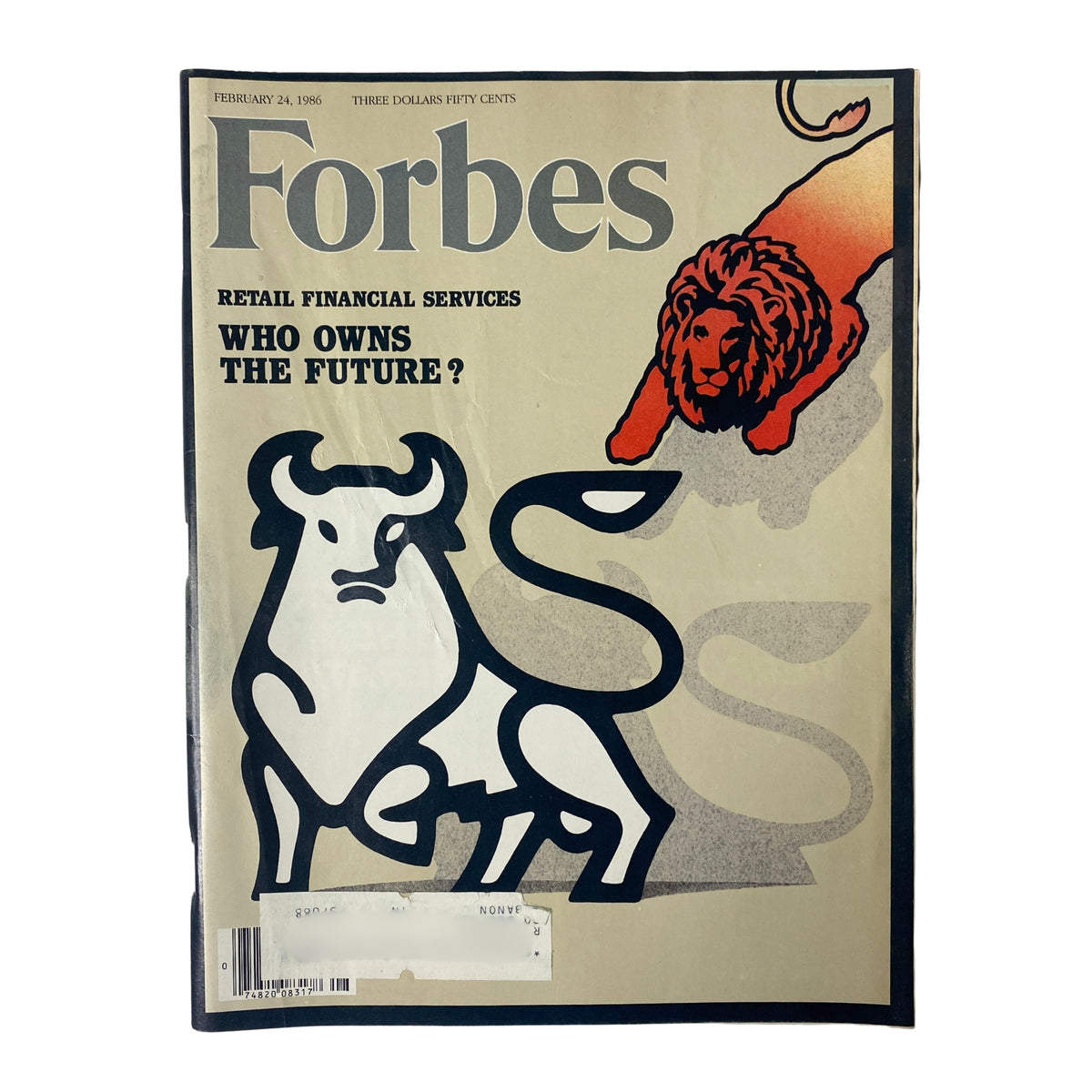 Cover of Forbes Magazine, February 24, 1986, featuring the title 'Who Owns The Future?' with a stylized illustration of a bull and lion, representing retail financial services.