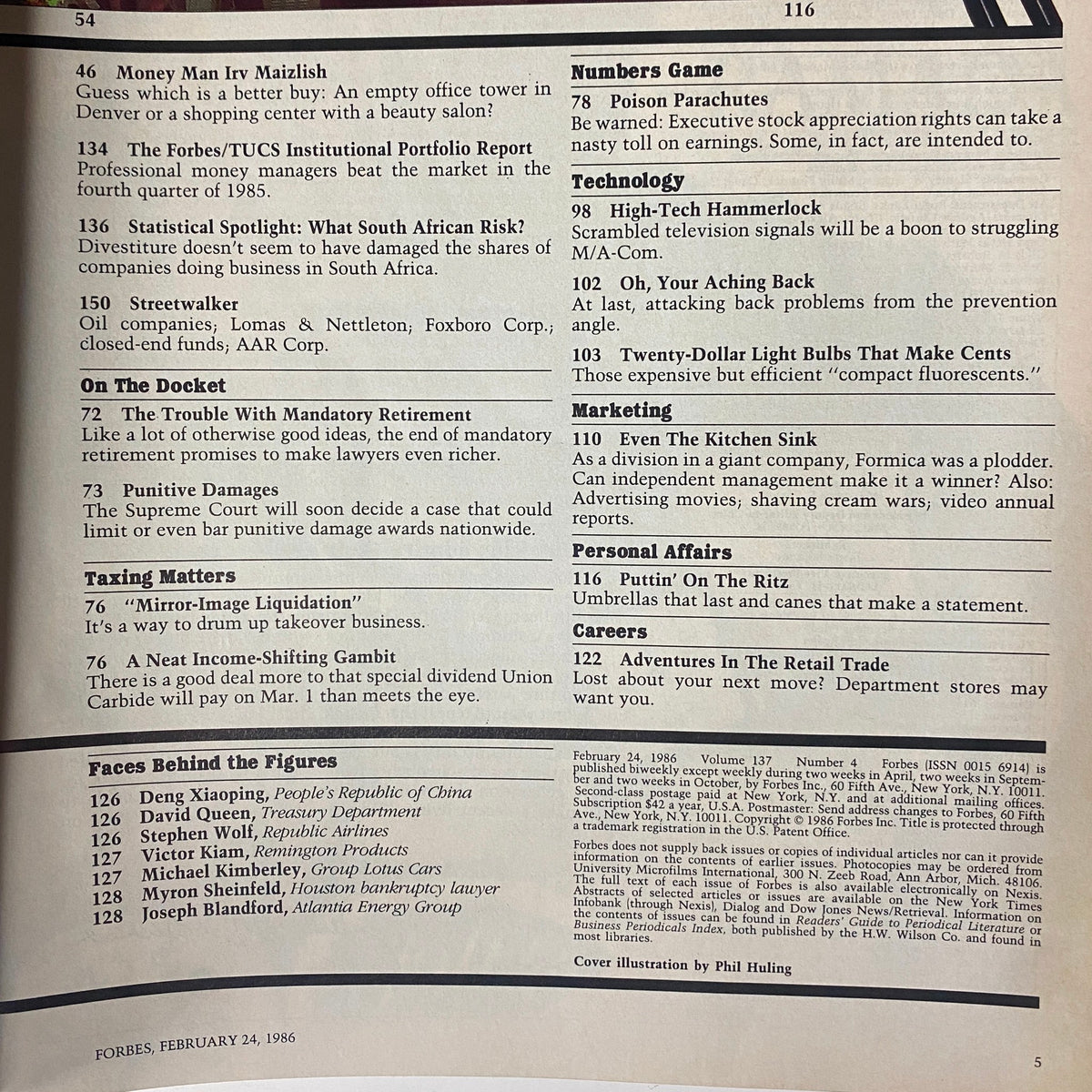 Page from Forbes Magazine, February 24, 1986, discussing various economic topics and management insights relevant to the financial industry.