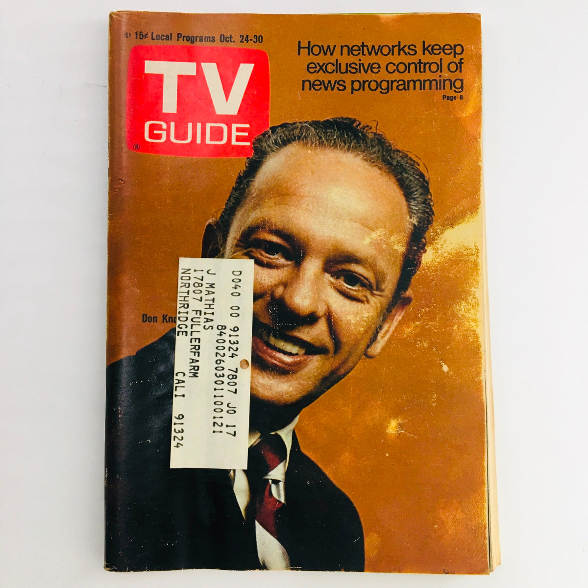 Cover of TV Guide October 24 1970 Vol 18 #43 featuring Don Knotts, showcasing magazine design from the early 1970s with an address label on the front.