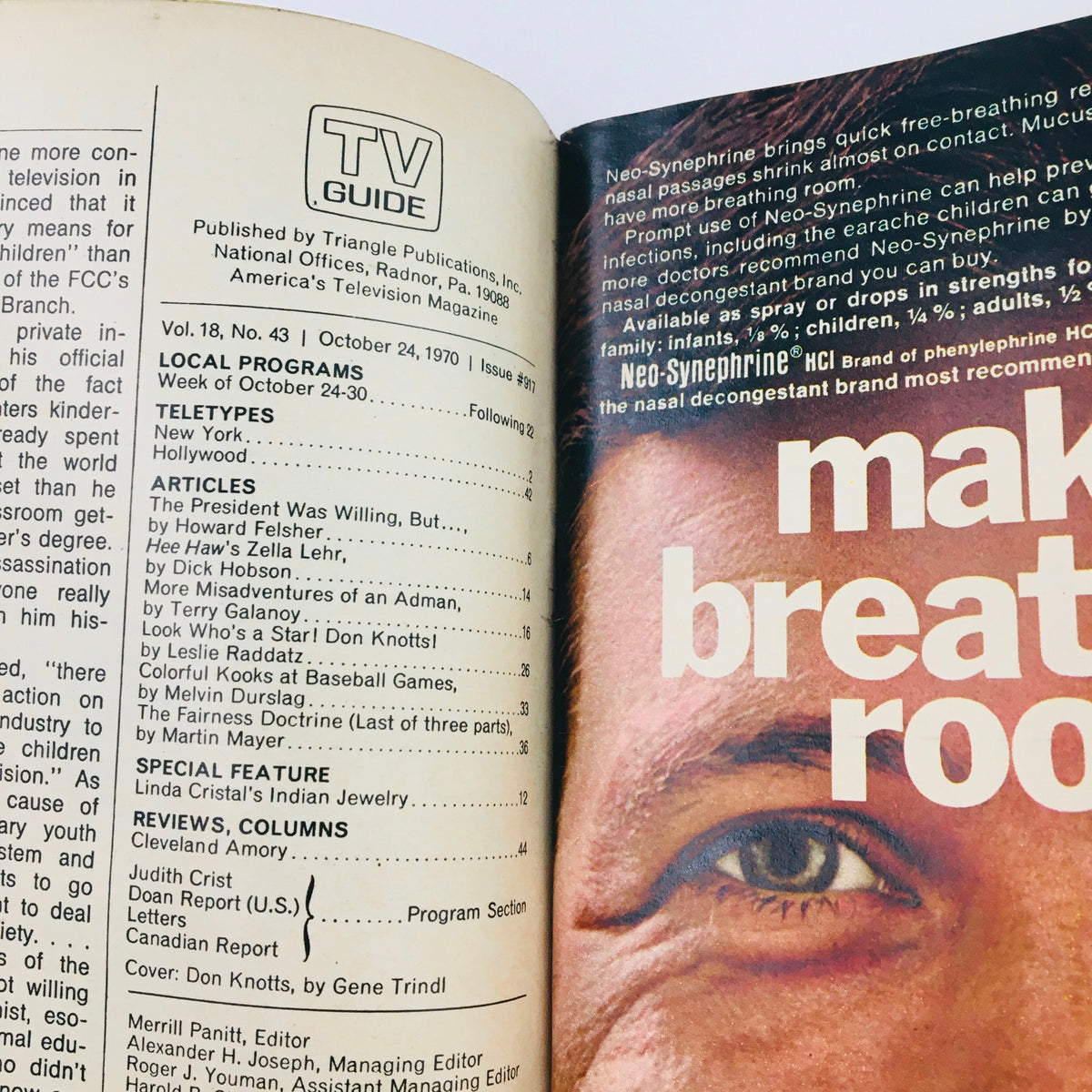 Inside page layout of TV Guide October 24 1970 Vol 18 #43, revealing articles and programming sections with a focus on Don Knotts, providing insight into the magazine's content.