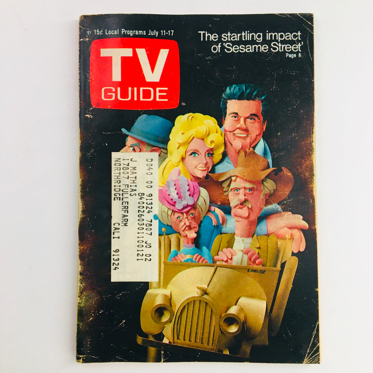 Cover of TV Guide from July 11, 1970, Vol 18 #28 featuring illustrated characters and a prominent TV Guide logo. The cover highlights the impact of 'Sesame Street' and is in good condition with a vintage address label.