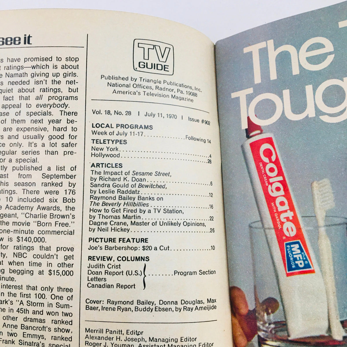 Interior view of TV Guide July 11, 1970 - Vol 18 #28 featuring the table of contents including articles and features related to television programming, showcasing Raymond Bailey and Donna Douglas.