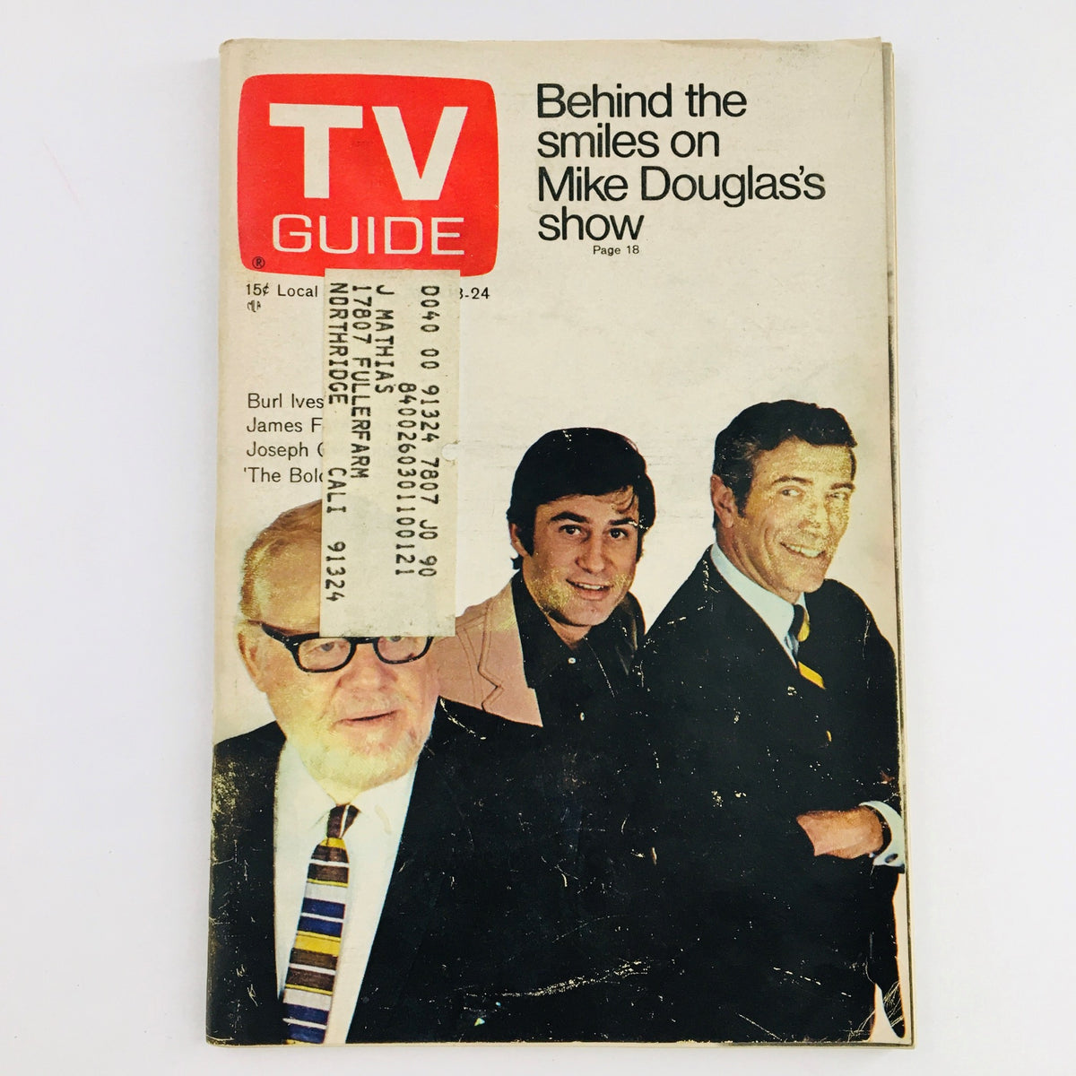 TV Guide April 18 1970 Vol 18 #16 featuring Burl Ives, James Farentino, and a segment on Mike Douglas's show. Vintage magazine cover captures classic television history.