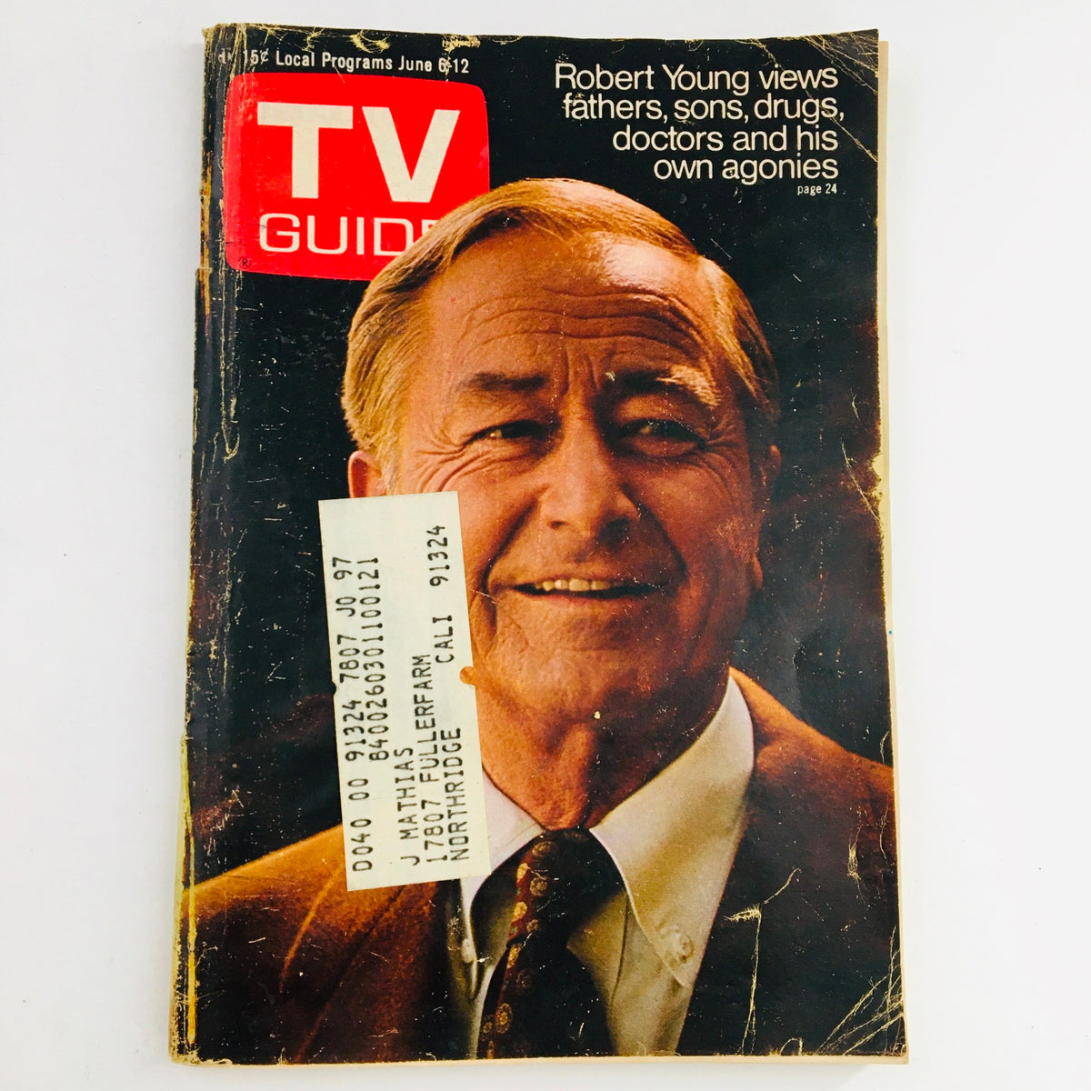 TV Guide June 6 1970 Vol 18 #23 Robert Young Cover Photo featuring Robert Young smiling with an address label on the front, capturing the nostalgic essence of 1970s television.