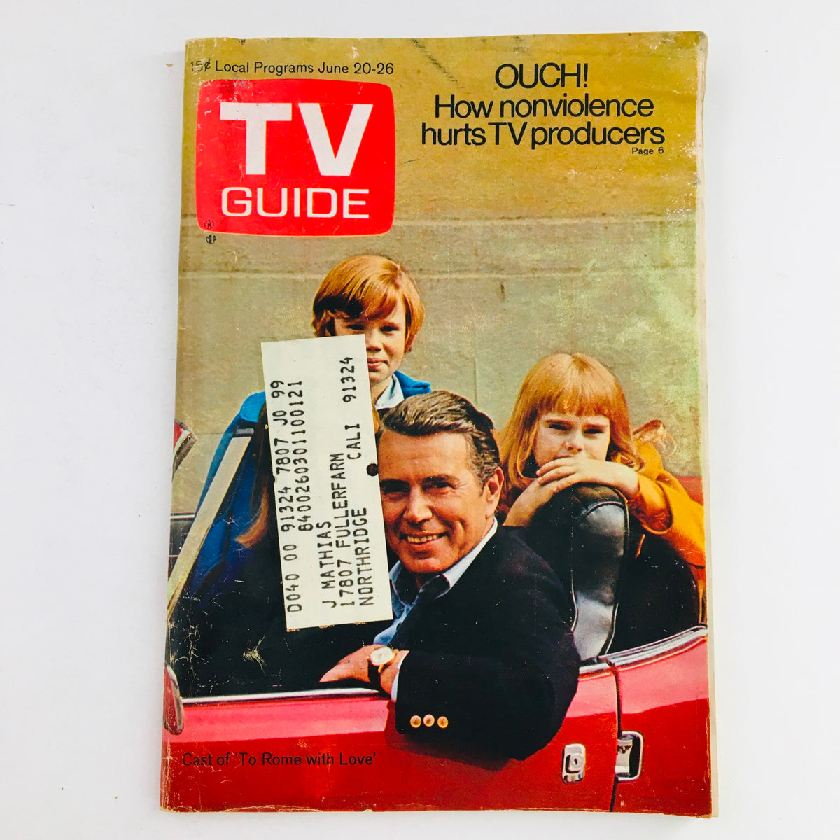 TV Guide June 20 1970 cover showcasing John Forsythe and Joyce Menges with children in a car, highlighting articles including 'Ouch! How nonviolence hurts TV producers'.