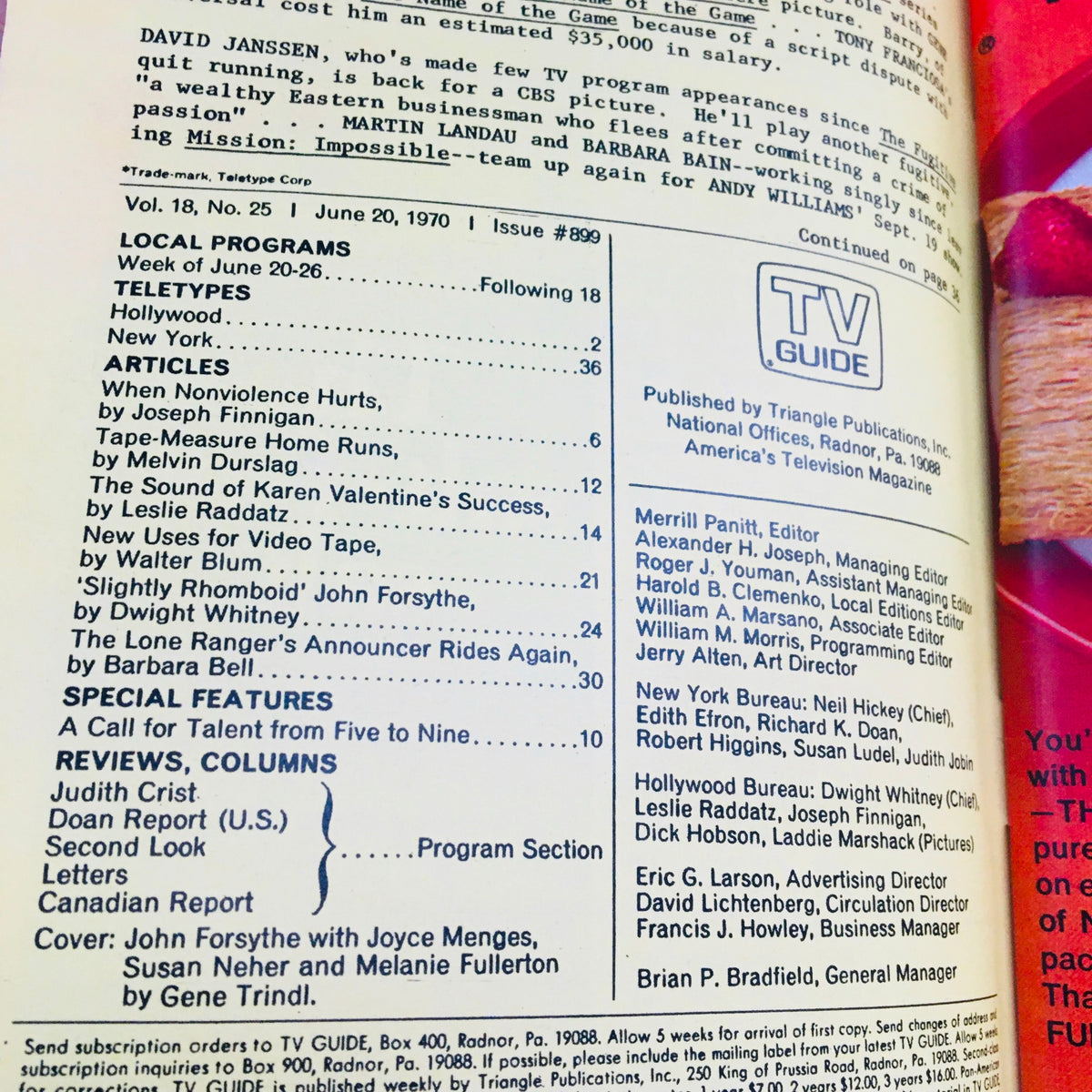 Inside page of TV Guide June 20 1970 displaying contents, including articles, features, and shows, with the names of John Forsythe and Joyce Menges listed.