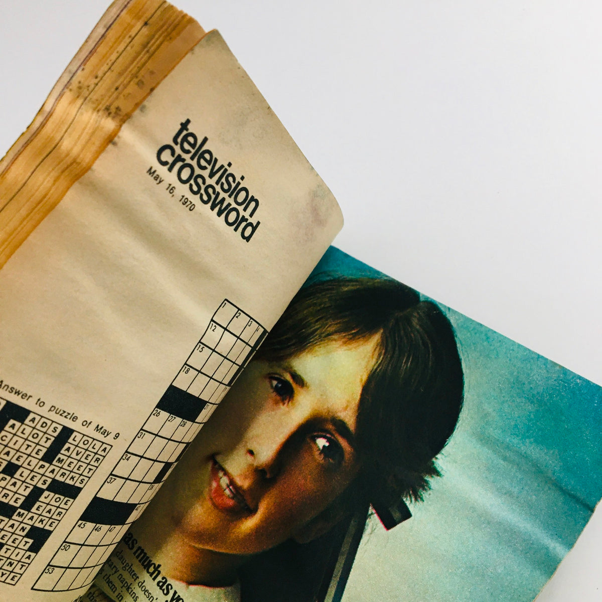 Interior page of TV Guide May 16 1970 Vol 18 #20 featuring the television crossword puzzle and a photograph of a television star.