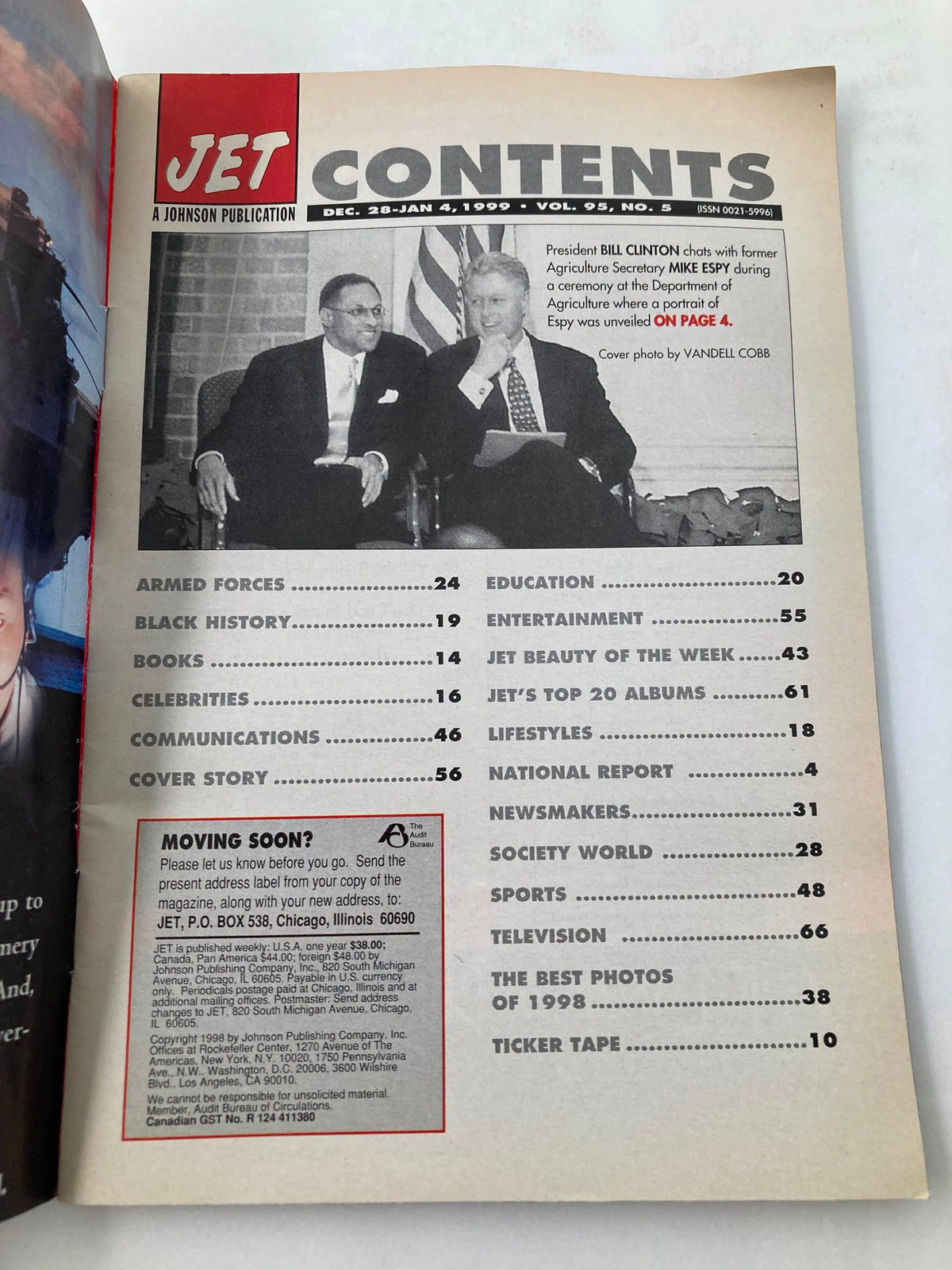 Table of contents for Jet Magazine December 28 1999 Vol 95 #5, showcasing articles featuring President Bill Clinton and Mike Espy.